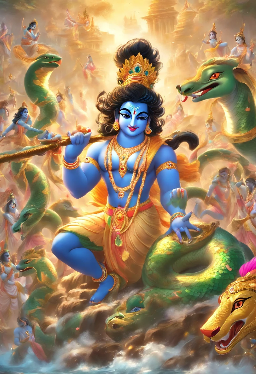(((Krishna on top of the serpent))) best quality, ultra-high resolution, 4K detailed CG, masterpiece, Krishna, Hindu god, ((on top of the snake))fierce serpent, snake, serpent, coming out of the river, river, Hindu mythology, Hindu image, aesthetic, screen-centered