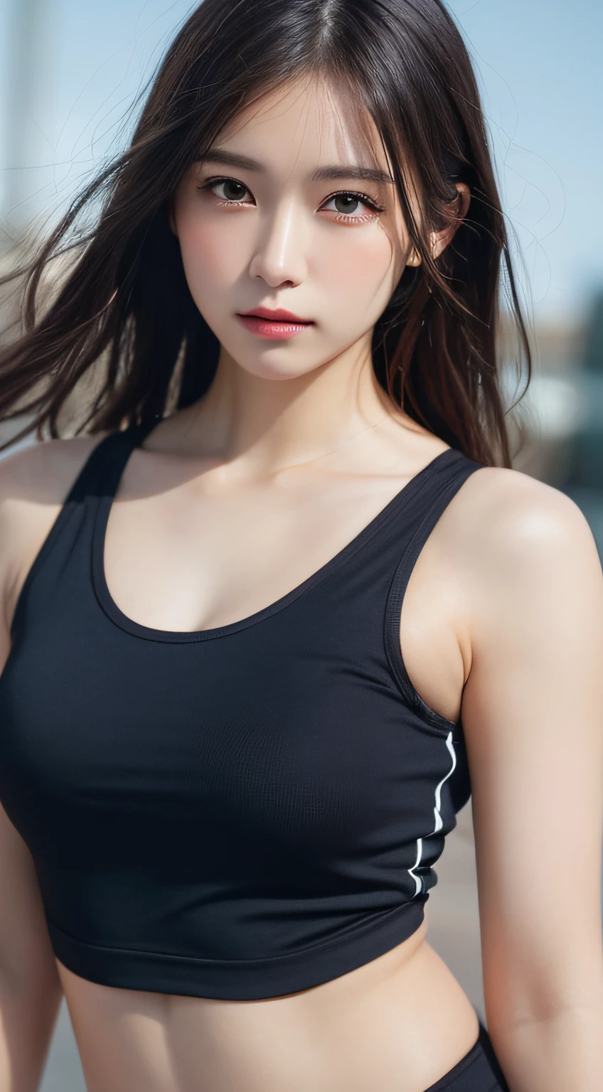 (tmasterpiece, Best quality at best, フォトリアリスティック, A high resolution, photography of, :1.3), closeup cleavage, tack sharp focus, 1 Brunette girl, European girl, Popular models, septum,Red tight vest,Wear on the upper body, Eyes and pupils are very detailed, Realistic skin, Slim body type, perfect bodies, Chopping, Hair extremely detailed, Delicate and sexy face, Inductive gas, glossy lips, ((Wear a black crop top, Wearing a pendant)), Outdoor activities, ((actual, hyper realisitc, Realistis, realistic detail))