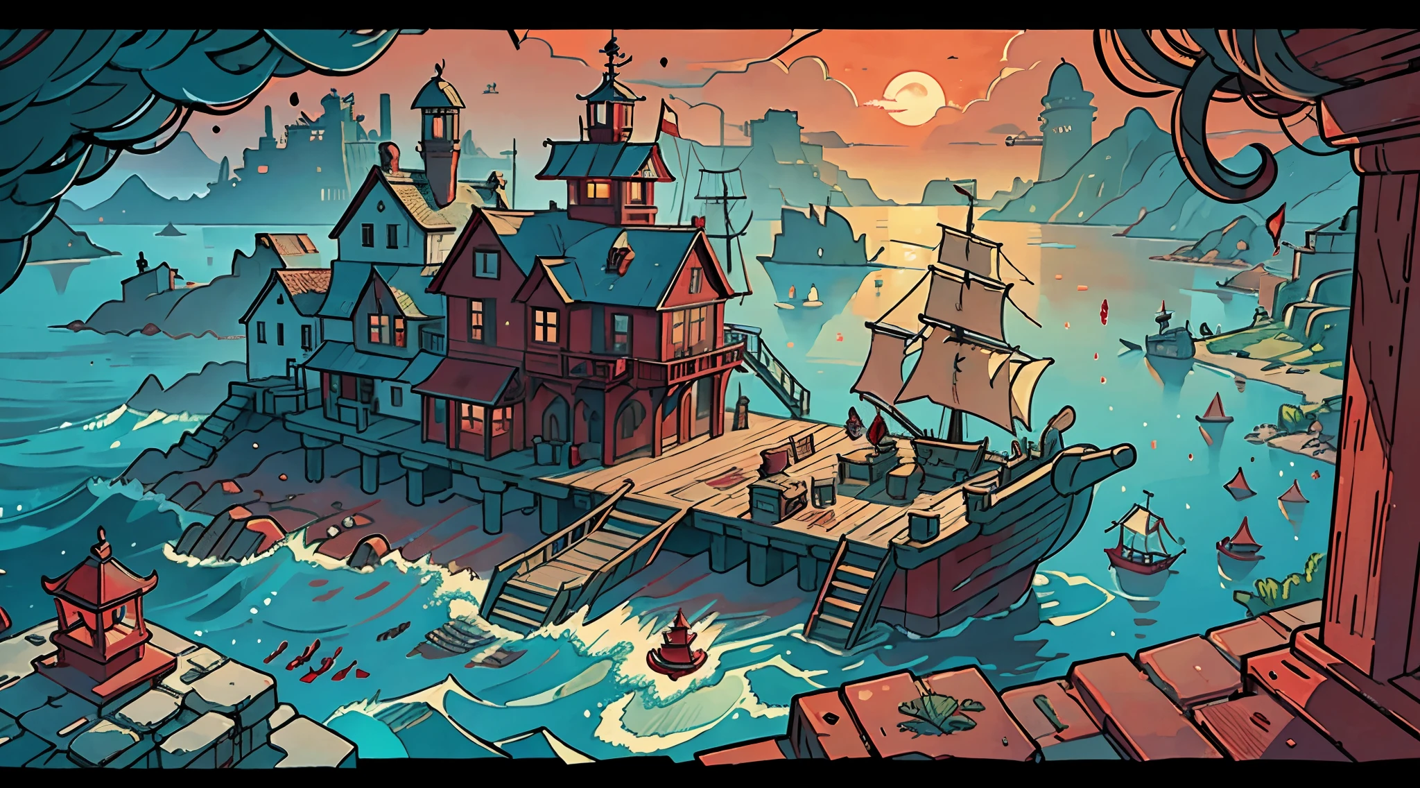 masterpiece, blood sea, reddish sea, reddish water, blood on water, islands, pirate islands, red water, red water, red water, red sea, red sea, red water colour, red sea colour, city of sea, sea realm, pirate city, pirate realm, realm of the sea, highly detailed ,city showcase, bird's-eye view, red water reflection, many lands, many islands