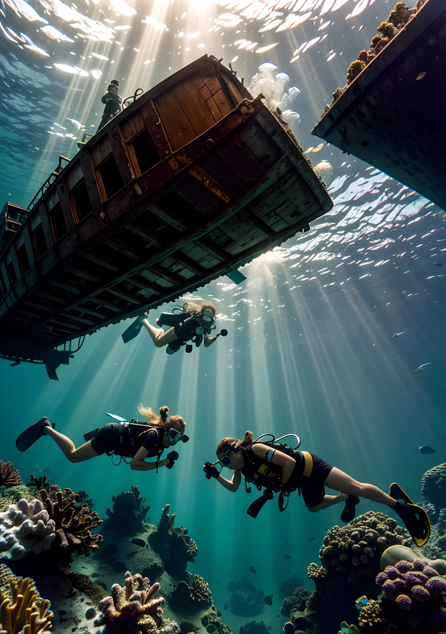 Two adventurous scuba divers exploring a sunken shipwreck, beams of sunlight penetrating the ocean's surface, revealing the rusted remains of the vessel, schools of curious fish swimming around, a mix of excitement and awe, Photography, Canon EOS 5D Mark IV with a 24-70mm lens, natural lighting