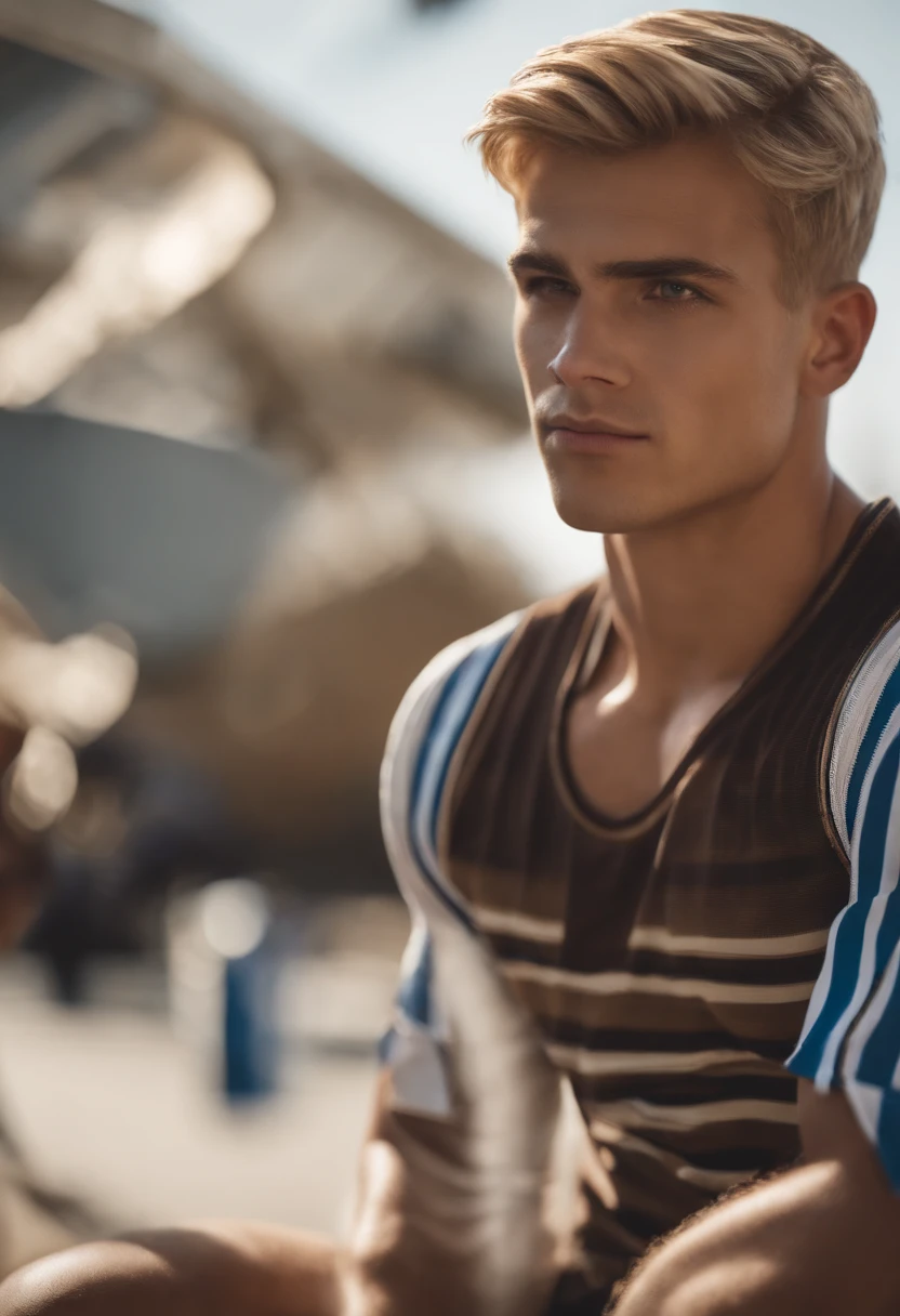 young_man_of___Caucasian__with_blond_and_short_hair__with_brown_eyes__sporty__with_a_square_jaw__with_broad_shoulders_and_muscular_arms__with_a_tank_top_with_blue_and_white_stripes__a_malicious_smi