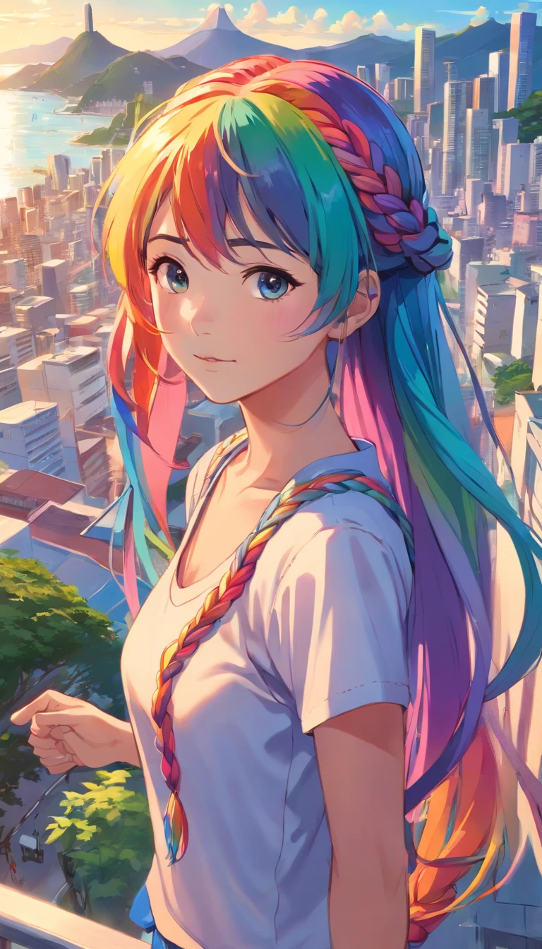 a portrait of a Japanese girl with long and braided rainbow hair in the city of Rio de Janeiro, at Sugarloaf Mountain