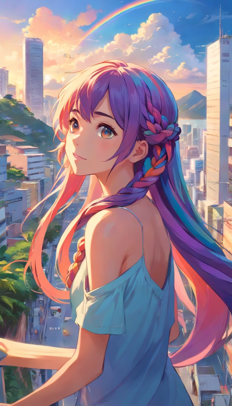 a portrait of a Japanese girl with long and braided rainbow hair in the city of Rio de Janeiro, at Sugarloaf Mountain