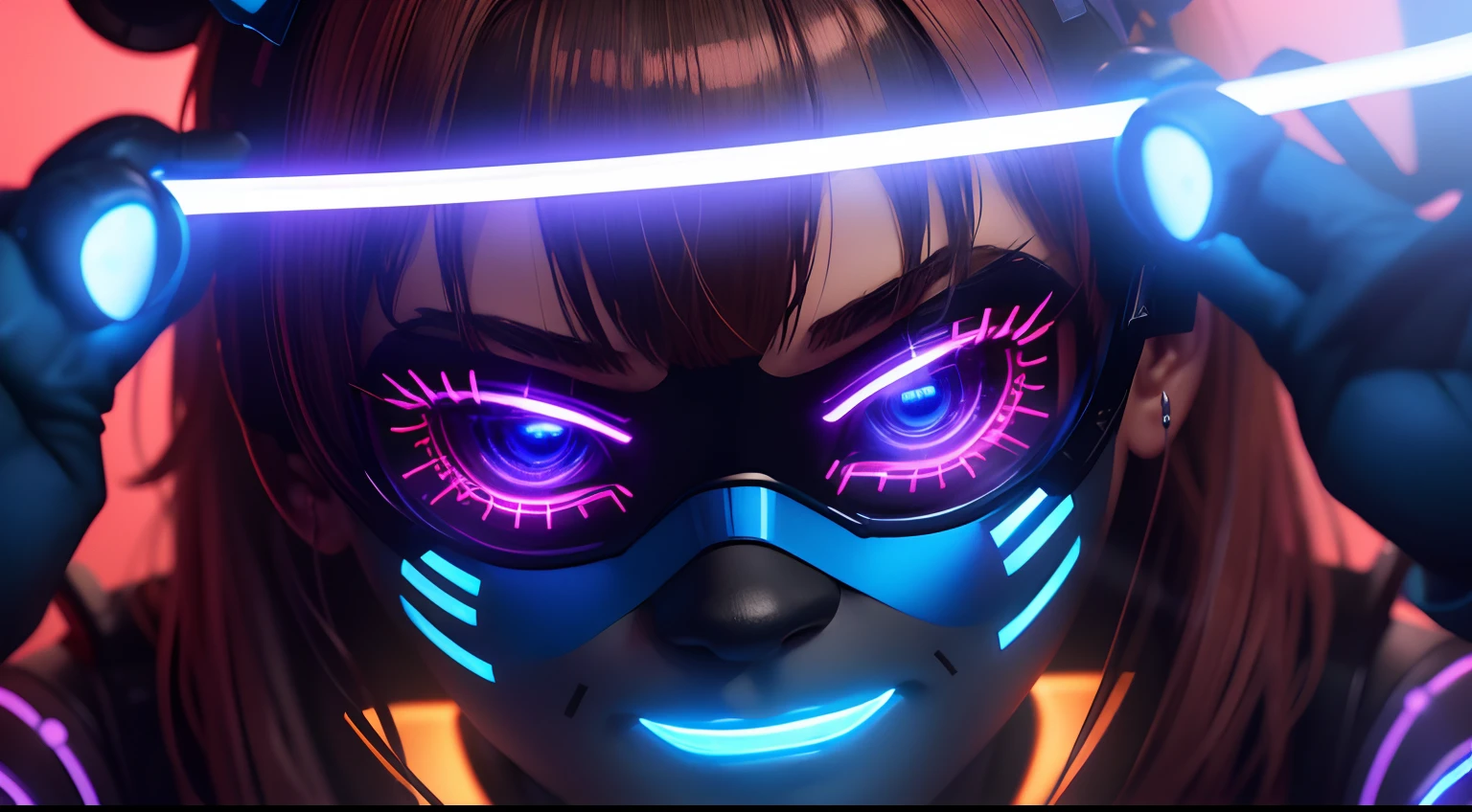 FNAF, Cinco noites no Freddy's, Freddy Fazbear with a cybernetic armor that glows in shades of blue and red. Her face has augmented reality mask features with luminous lines and a holographic lens that shines in her eyes! Estilo