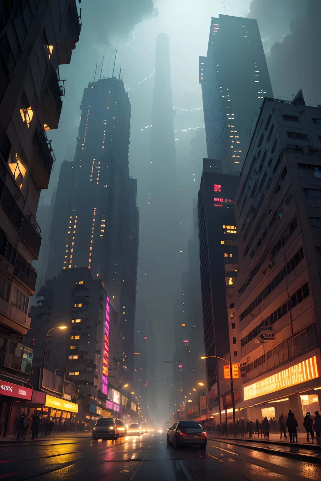 mega_city at night, night:1.2, neon:1.4, top quality, ultra high definition, cyberpunk:1,8, fog, rain, complex_buildings:1.5, irregular_architecture, balconies, industrial, factories, smokestacks:1.2, irregular_city_layout:1.6, skyscrapers, haze, dystopian:1.4, decaying_infrastructure, maglev_trains:1.2, power lines, Chinese_style_architecture:1.2, Kowloon_walled_city:1.5, Josan Gonzalez, Syd Mead
