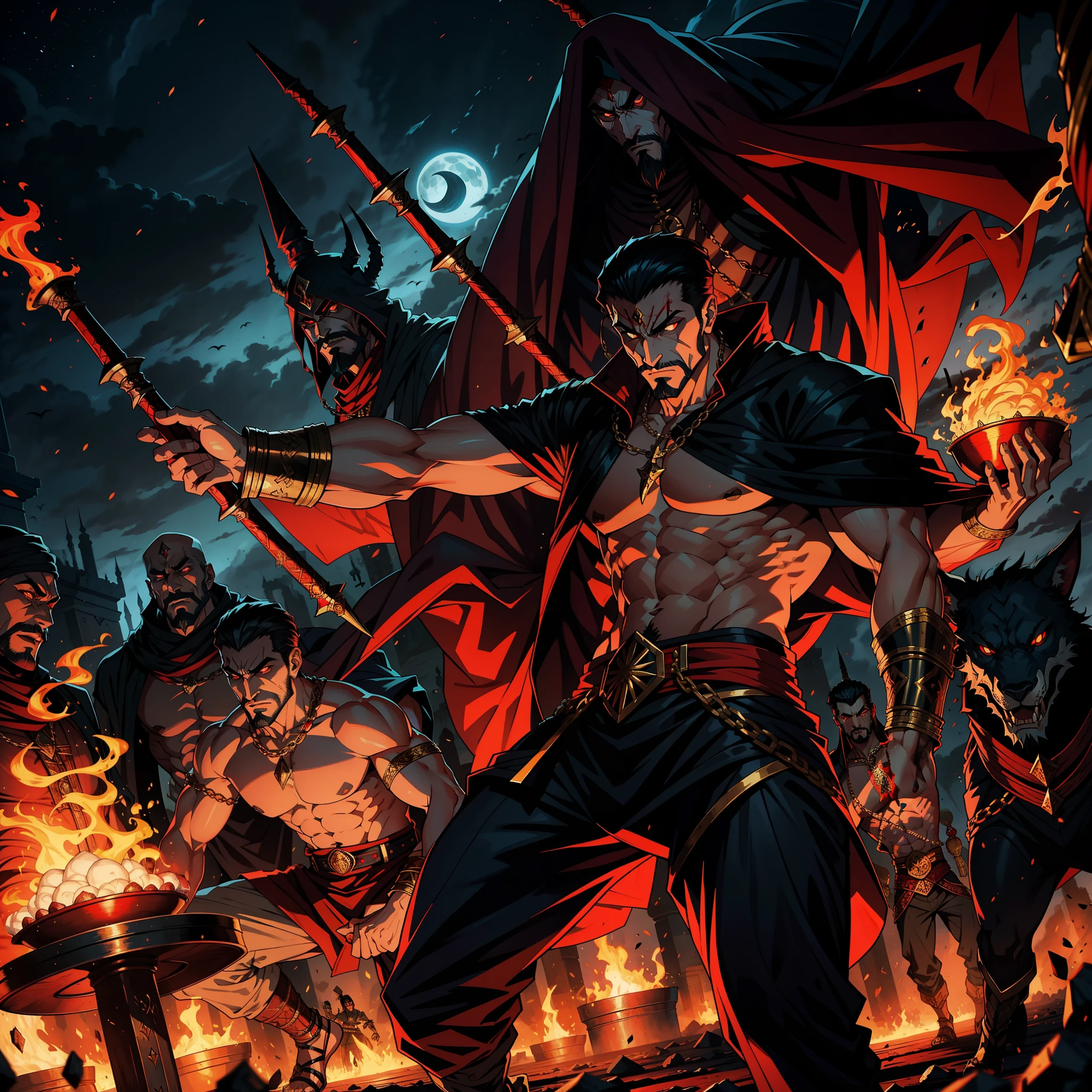 Moroccan Arab Lord Dracula Muscle, Fearless, Handsome Scary Man Leading an Army of Djinns 10 Djinns Around Him War Battle Atmosphere