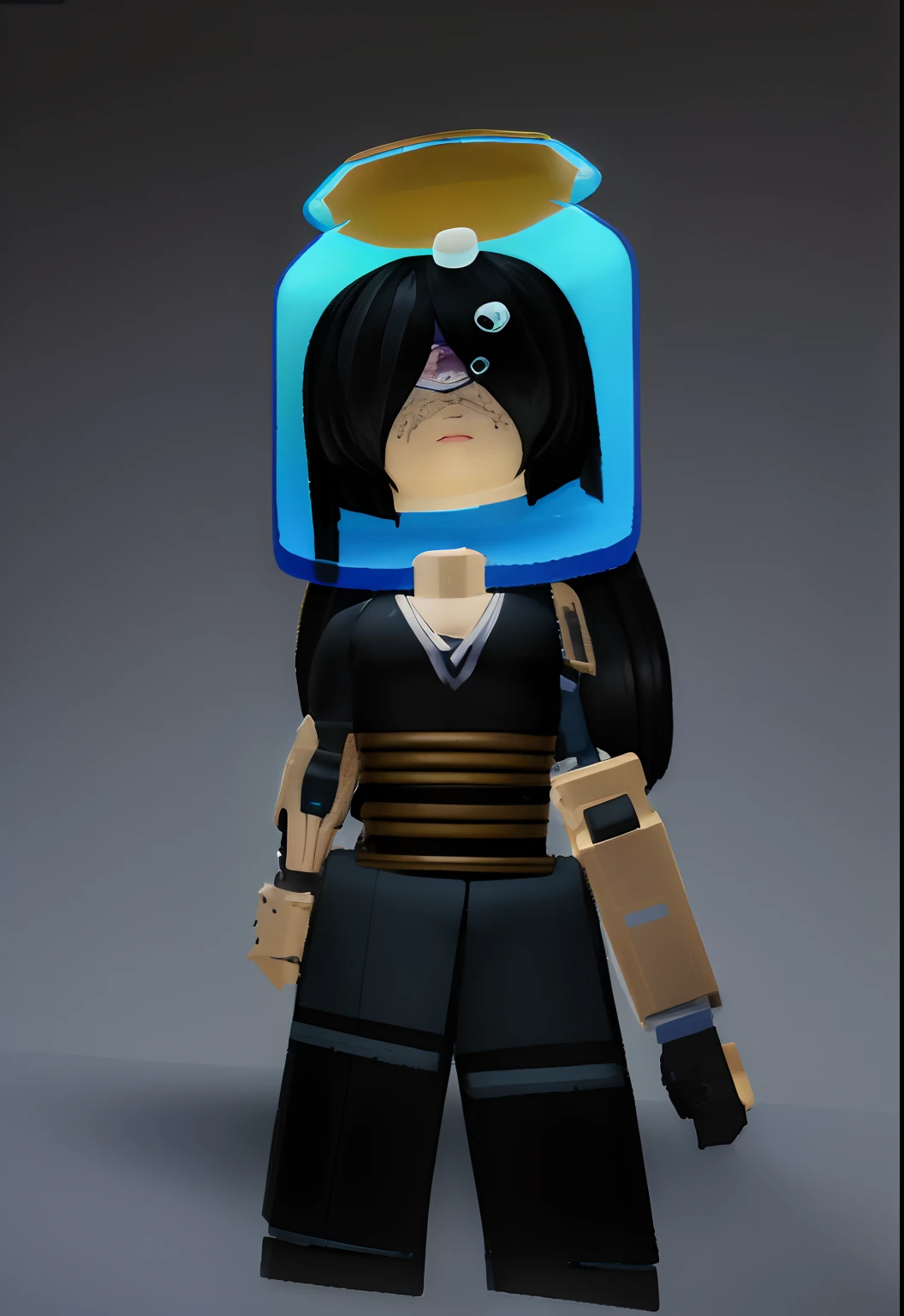 Figura de Lego de una mujer con un casco azul y una espada, Avatar de Roblox, Avatar de la parte superior del cuerpo, LEGO Avatar, Chica comerciante cyborg, Mujer comerciante cyborg, en un traje de mercenario del espacio oscuro, Roblox captura de pantalla, muy estilizado, style mix of æon flux, goth ninja, Roblox, Personaje del videojuego Katana Zero, inspirado por Leiko Ikemura