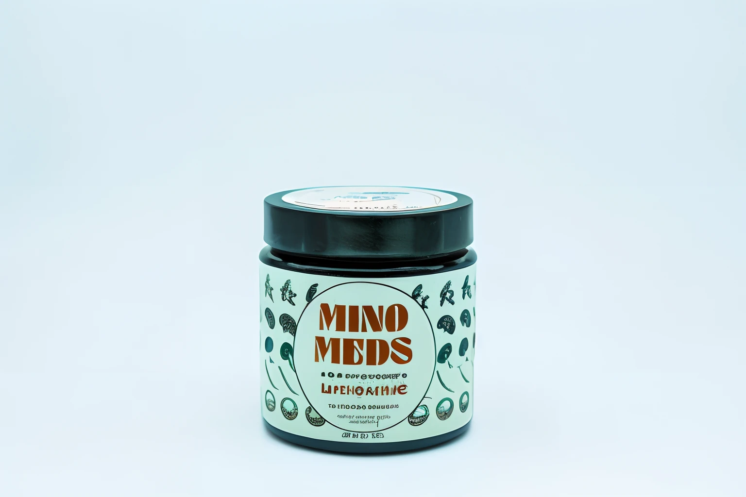 There is a bottle of liquid on a white surface, lion's mane, Foto oficial del producto, Me, Foto completa del producto, Sobre un fondo blanco, Imagen oficial del producto, Tiro frontal medio ancho, Nootropic Stimulant, Mente vagando, Leve, Retrato frontal, en un plano medio completo, Foto del producto, Plano lejano - medio, mente, "Tiro ancho, Minas