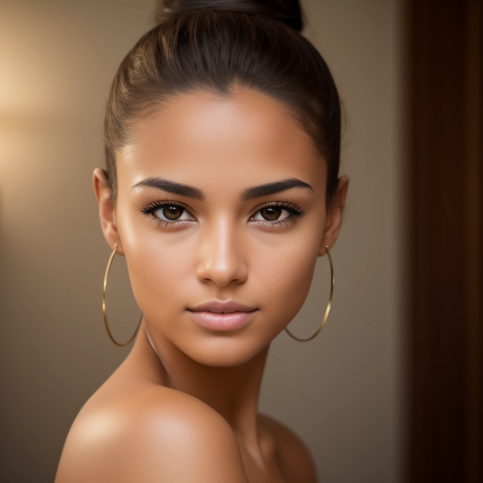 A photorealistic portrait of a insanely beautiful tanned Brazilian young woman with no makeup, mixed race, caucasian, skin is tanned, extremely detailed brown eyes, hair is in a sleek bun, detailed symmetric realistic face, realistic facial proportions, extremely detailed natural texture, peach fuzz, dark brown hair, masterpiece, award winning photo by Francesco Scavullo, nikon d850 film stock photograph, kodak portra 400 camera f1.6 lens, extremely detailed, amazing, fine detail, rich colors, hyper realistic lifelike texture, dramatic lighting, unrealengine, trending on artstation, cinestill 800 tungsten, looking at the viewer, photo realistic, RAW photo, TanvirTamim, high quality, highres, sharp focus, extremely detailed, cinematic lighting, 8k uhd