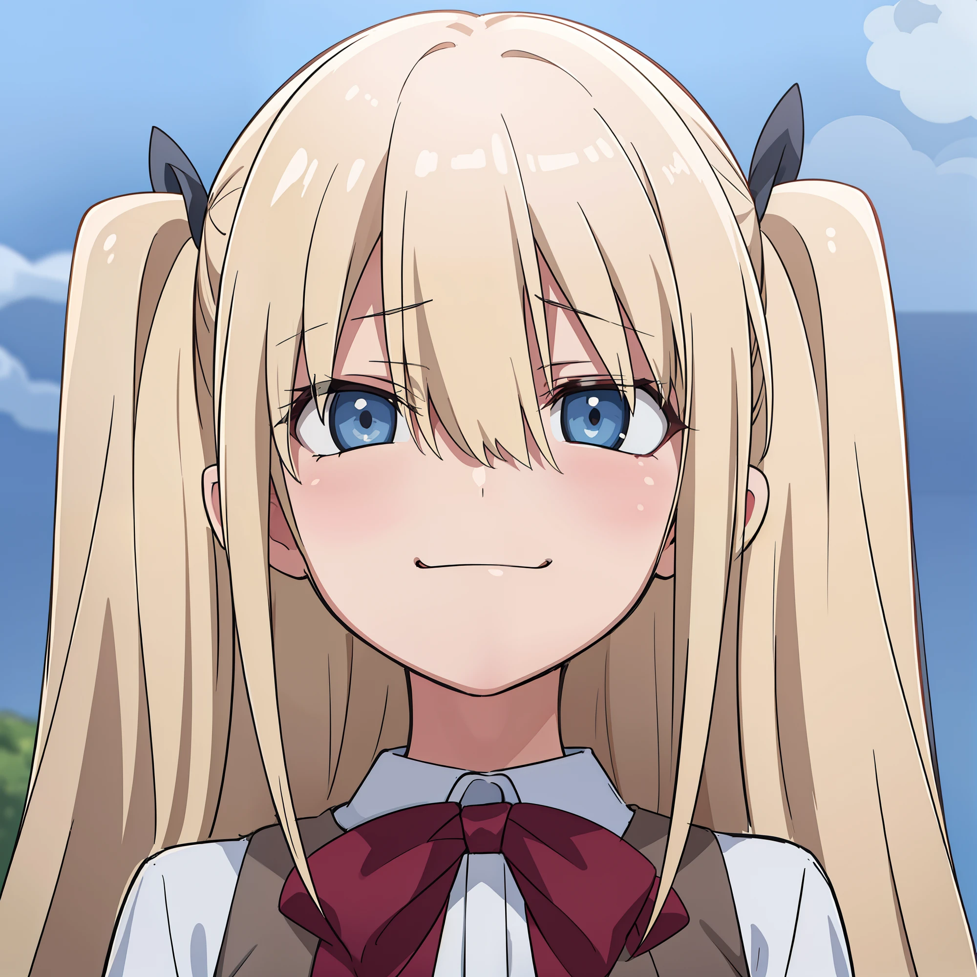 hiquality, tmasterpiece (one girls) blonde woman. sly eyes. Dark bows. ponytails on the hair. gray eyes. white shirt. Red vests. Long bangs. smirk. closed mouth