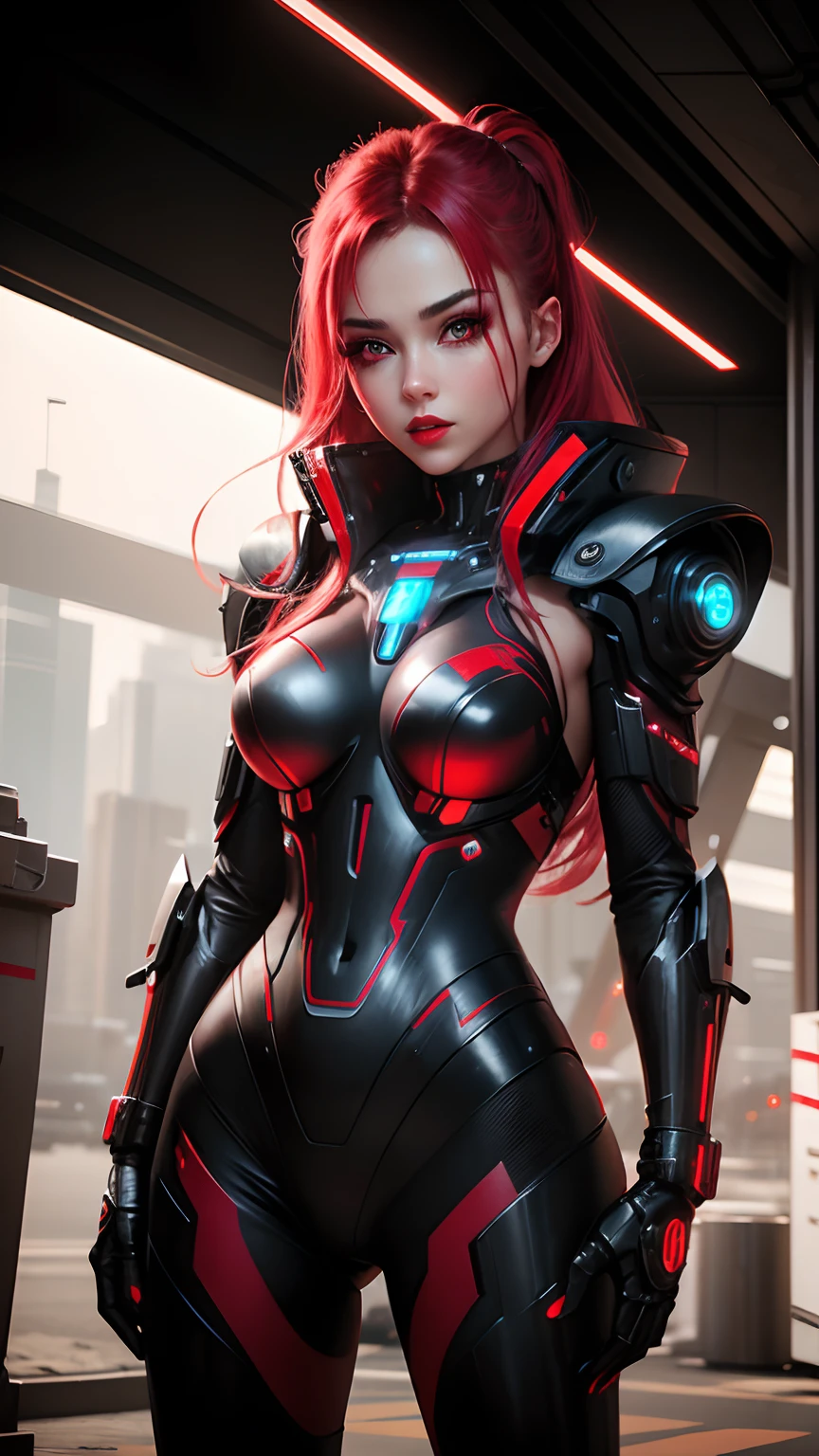 A beautiful girl with robotic suit, Red eyes, Shining hair, LED effect on hair, red lips, Futuristic theme, Red LED light effect, cyberpunk, Cybernetic, Futuristic, Beautiful girl, Perfect, Amazing, masterpiece, realistic, 8k resolution,