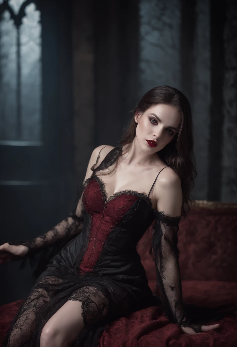 1 Vampires, (Female:0.8), poison fangs, Blood, Neck bites, Pale skin, intense eyes, Seductive expression, (Blood dripping:1.2), (Erotic atmosphere:1.3), Dark hair, Long flowing hair, (Black lace dress:1.2), (cropped shoulders:0.9), (Red corset:1.1), (Torn clothing:0.8), (Seductive pose:1.2), (Moaning:1.4), (Moonlight:1.3), (gothic environment:1.2), (haunting background:1.1), (lifting one leg:1.2), (Glossy lips:0.9), (Whisper sweetly:1.2), (sensual lighting:1.3), (Long nails:1.1), (Heavy atmosphere:1.2), (A lingering touch:1.3), (Erotic tension:1.4).