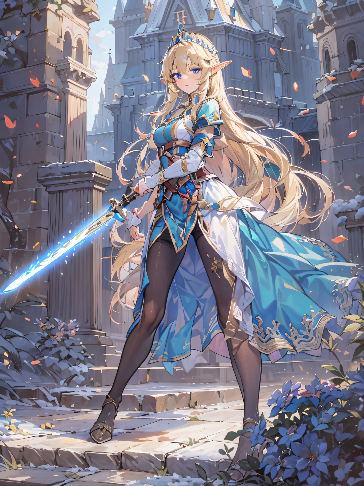 elf girl, blonde long hair, blue eyes, blue dress, silver tiara, having a ceremonial saber, front of a castle
