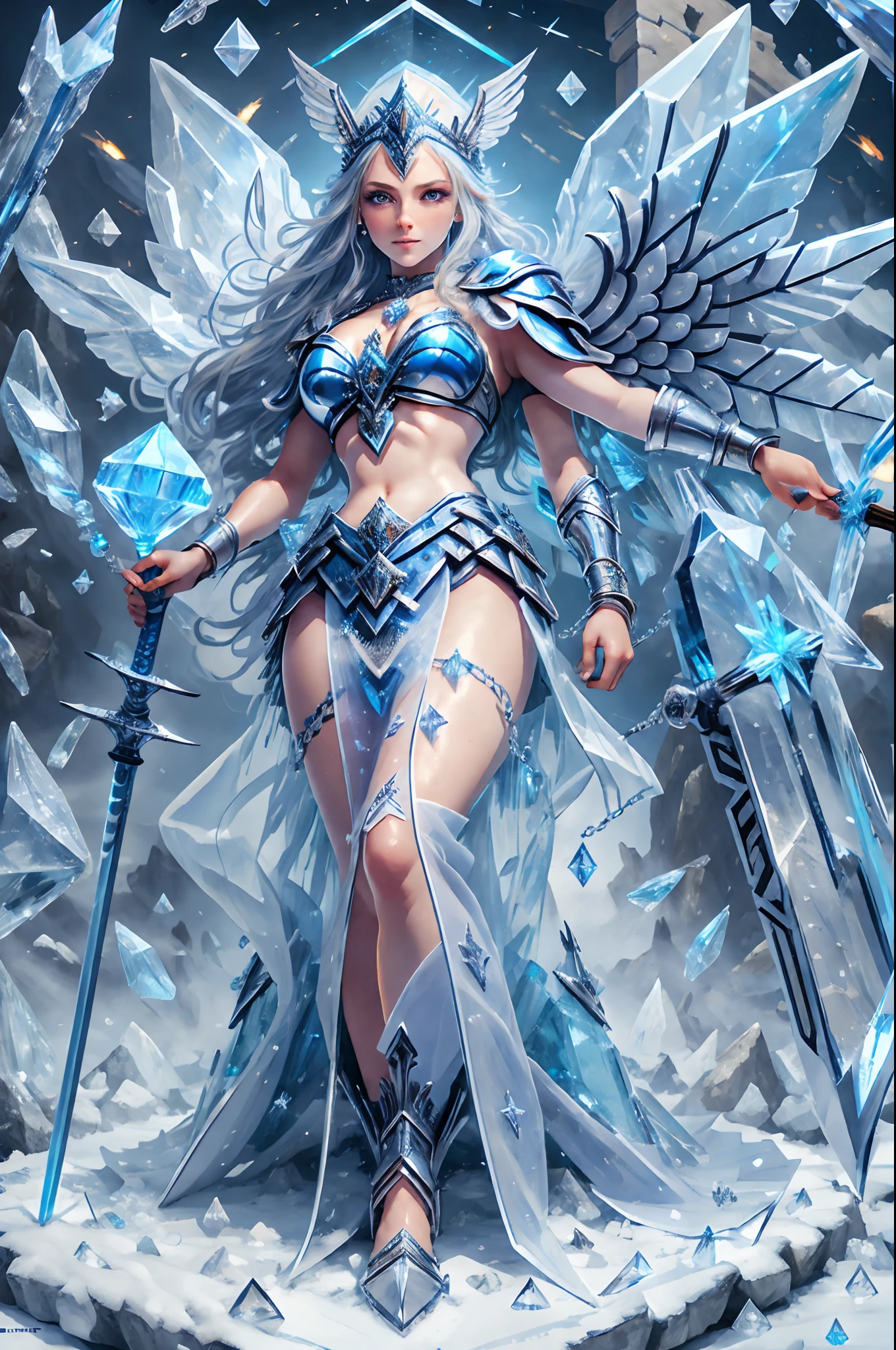 (wearing big rayban aviator sky blue tinted sunglasses with diamond skeleton), (left wristband contains steampunk clocks), (watches and time related engines), (boots contain fancy silver embroidery), (using silver hoops for earrings), (the front part of the hair have been partially dyed cyan), (blue lipstick), (photorealistic), (full body view), (walking), (background white), (a woman with wings and a halo), (ice sorceress), (ice mage), (full portrait of elementalist), (world of warcraft art style), (beautiful ancient frost witch), (clothed in ethereal battle armor), (painted in the style arcane), (clothed in ethereal armor), (epic mage girl character), (mystical atlantean valkyrie), (ice crystal armor), (white shiny hair in high-wide pigtail braided ponytails), (large amount of metal, diamond and silver accessories), (fancy silver crystal artistic boots with spikes and dragonic look with white diamonds and big pointy heels), (shiny silver satin belt with white crystal crescent moon diamond in the middle), (important wearing extra silver and diamond jewellery like rings, earrings, wristbands, armbands, necklaces, choker, tiara, hair clips), (huge anime big large and cute gray eyes with long eyelashes), (intricate detailed decorations white hair with braided pigtails and long hair), (artistic tattoos highlighting her edgy persona), (cute pretty beautiful symmetric face, cute nose, juicy shiny silver lips), (symmetry), (dual colored open wrap blue ballgown dress with cyan textures and white embroidery), (cyan satin schoolgirl style skirt), (white stockings with cyan laces attached on the underpants), (blue tinted sunglasses with silver frame and diamonds), (holding two glowing cyan silver long great sword weapons emmanating energy blue flame and electricity in both hands), (angelic wings with silver metal framing), (moody ambiance), (highly detailed, HD), (cinematic lighting), (mirror blue sunglasses)