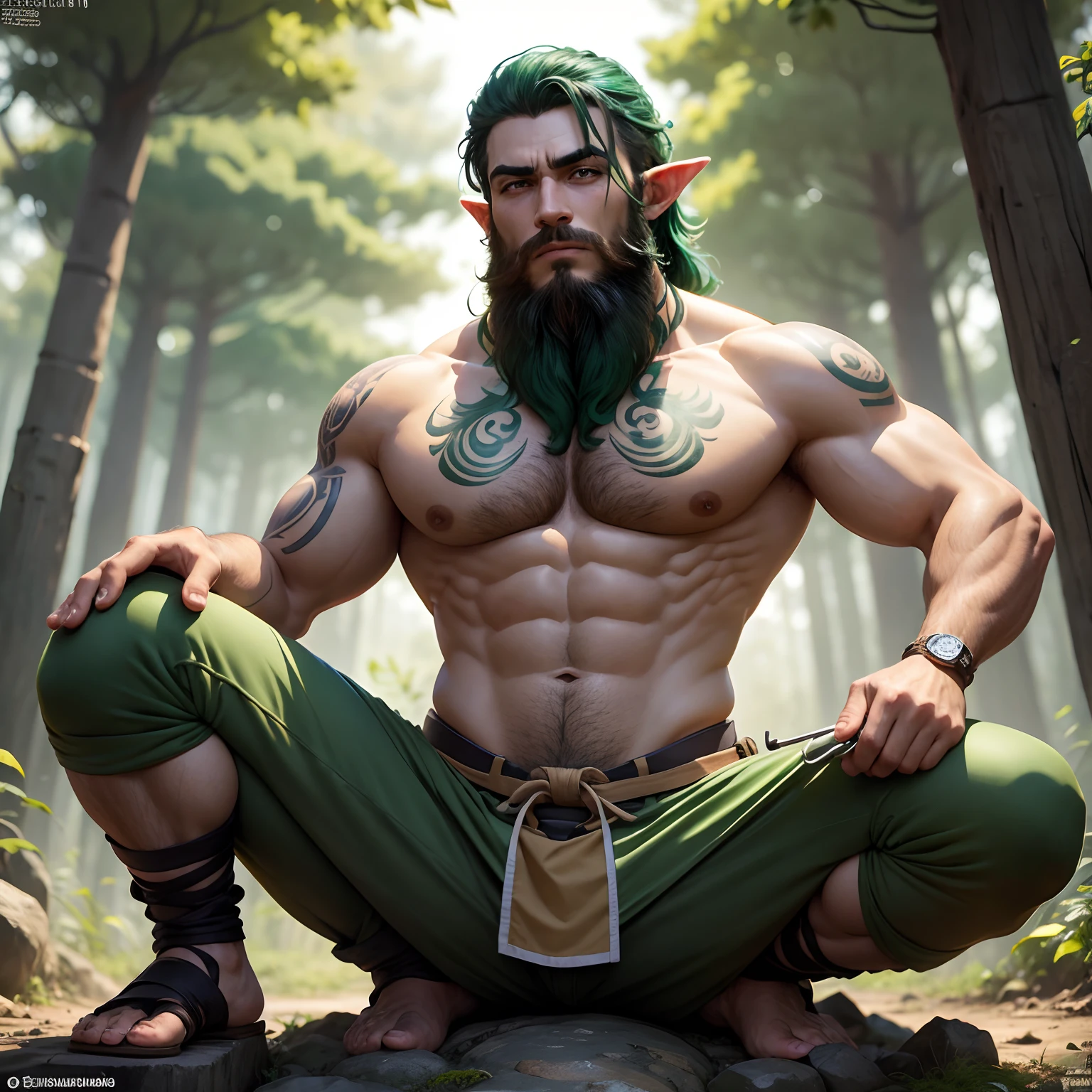 O elfo da floresta de barba rala, com cabelos desgrenhados e emaranhados, It's an emerald green hue, quase brilhante, como se estivesse banhado pelos raios do sol da floresta, e cai desordenadamente sobre os ombros. Ele exala uma mistura de euforia e ousadia. Your skin is brown, Her cheeks are slightly red. Maintains an average height of an elf, em torno de 1,75 metros, Your posture is relaxed. He has a lean build, but athletic. He wears simple and practical clothes, compostas por uma capa marrom-esverdeada , wears a brown tunic and wears baggy trousers. Semblante tranquilo. He carries a small bottle of alcohol always at hand, It has a worn leather strap on its wrist and also sports tribal tattoos on its body. imagem frontal de corpo inteiro. arte estilo manhwa
