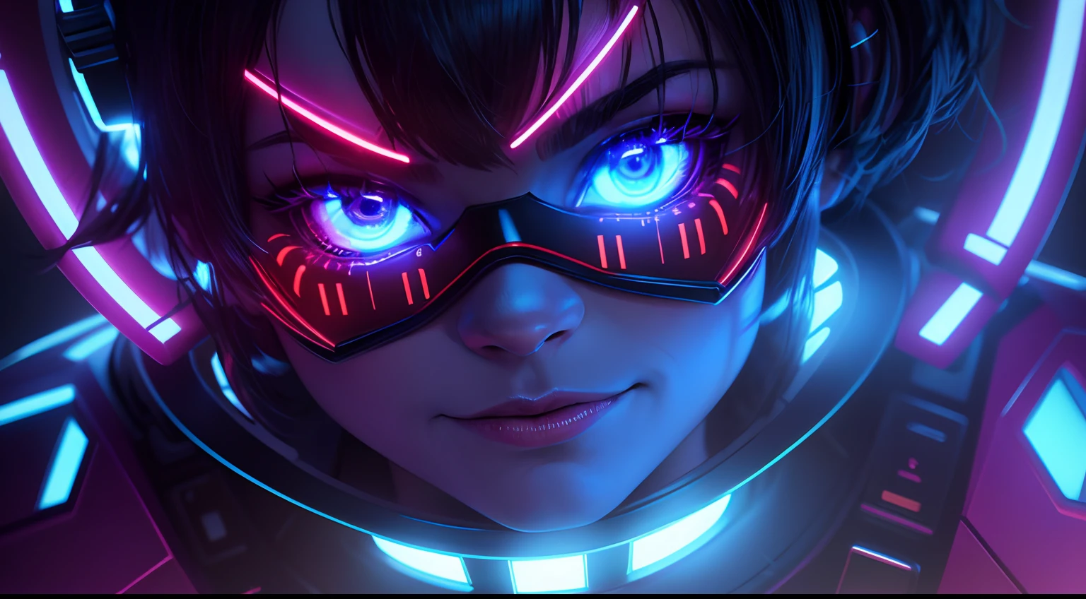 FNAF, Cinco noites no Freddy's, Freddy Fazbear with a cybernetic armor that glows in shades of blue and red. Her face has augmented reality mask features with luminous lines and a holographic lens that shines in her eyes! Estilo Cyberpunk