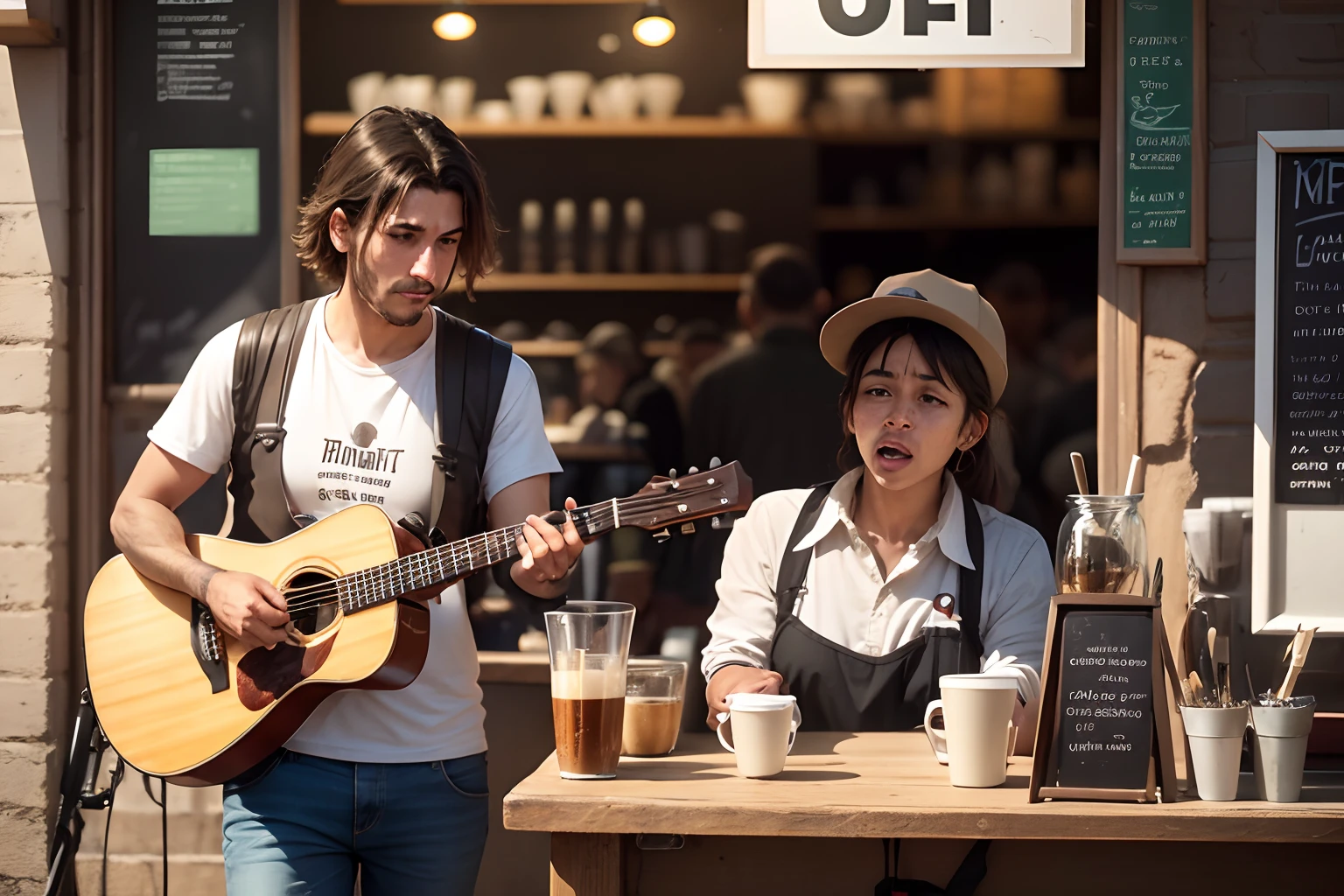 A bustling café on a Saturday morning.
description: A barista observes the regulars and their peculiarities as he prepares the coffee. Entre os clientes, There's a street musician who decides to put on an impromptu performance, mudando o clima do local.com musico de rua