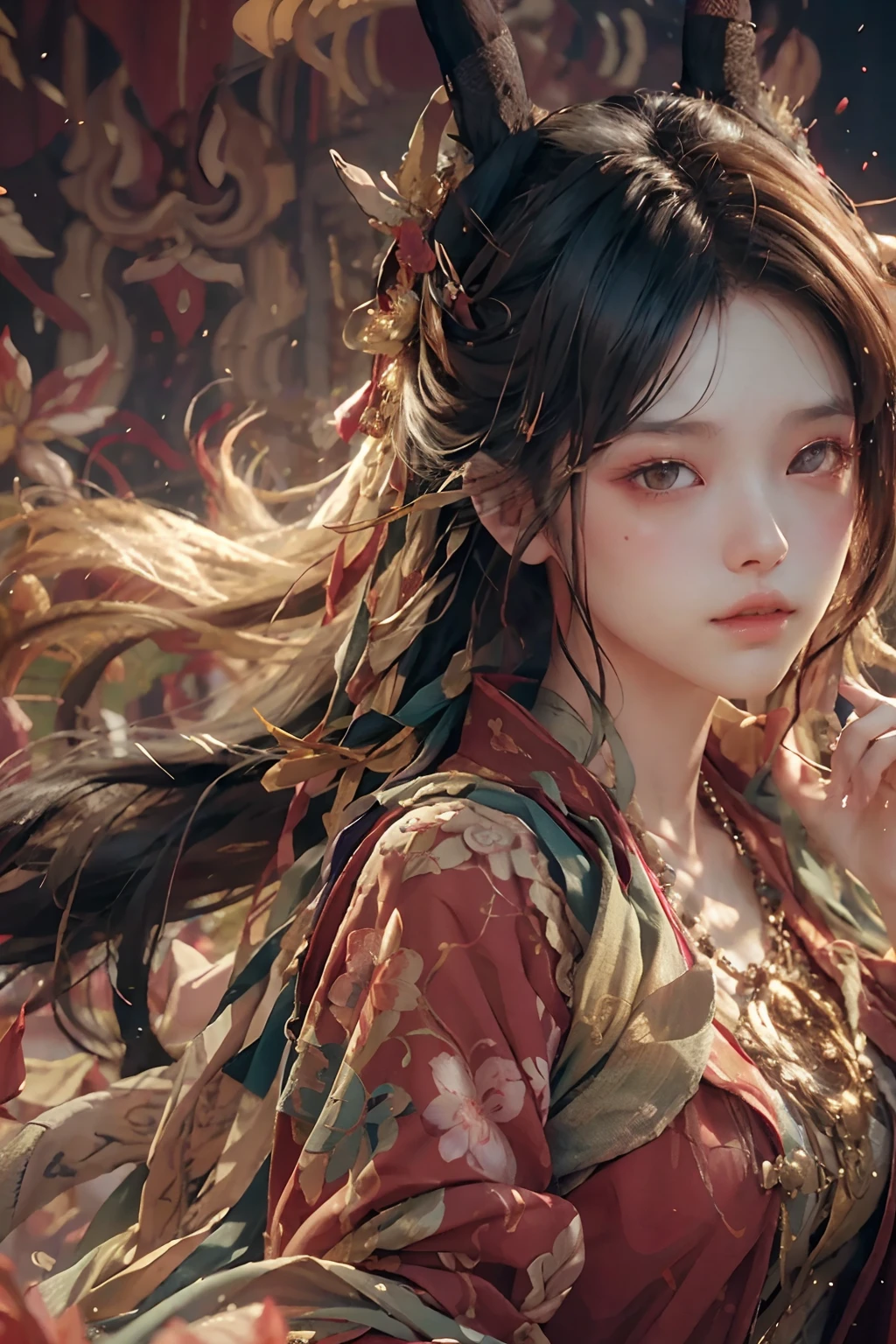 (hentail realism、Photorealsitic:1.3)、(RAW photography、top-quality)、ultra - detailed、tmasterpiece、dynamic ungle、1girll、Long messy hair、CG unity 8k wallpaper、Inky、电影灯光、lense flares、Dunhuang style、Realistic sketch effect、Flower petals、Fluttering in the wind、building blocks、deep shading、Tone that enhances chiaroscuro,Redcoat