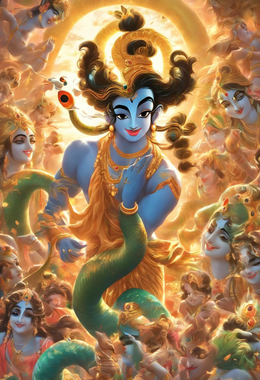 (((Krishna on top of the serpent))) best quality, ultra-high resolution, 4K detailed CG, masterpiece, Krishna, Hindu god,((on top of the snake))Hindu mythology, Hindu image, aesthetic, centered on the screen