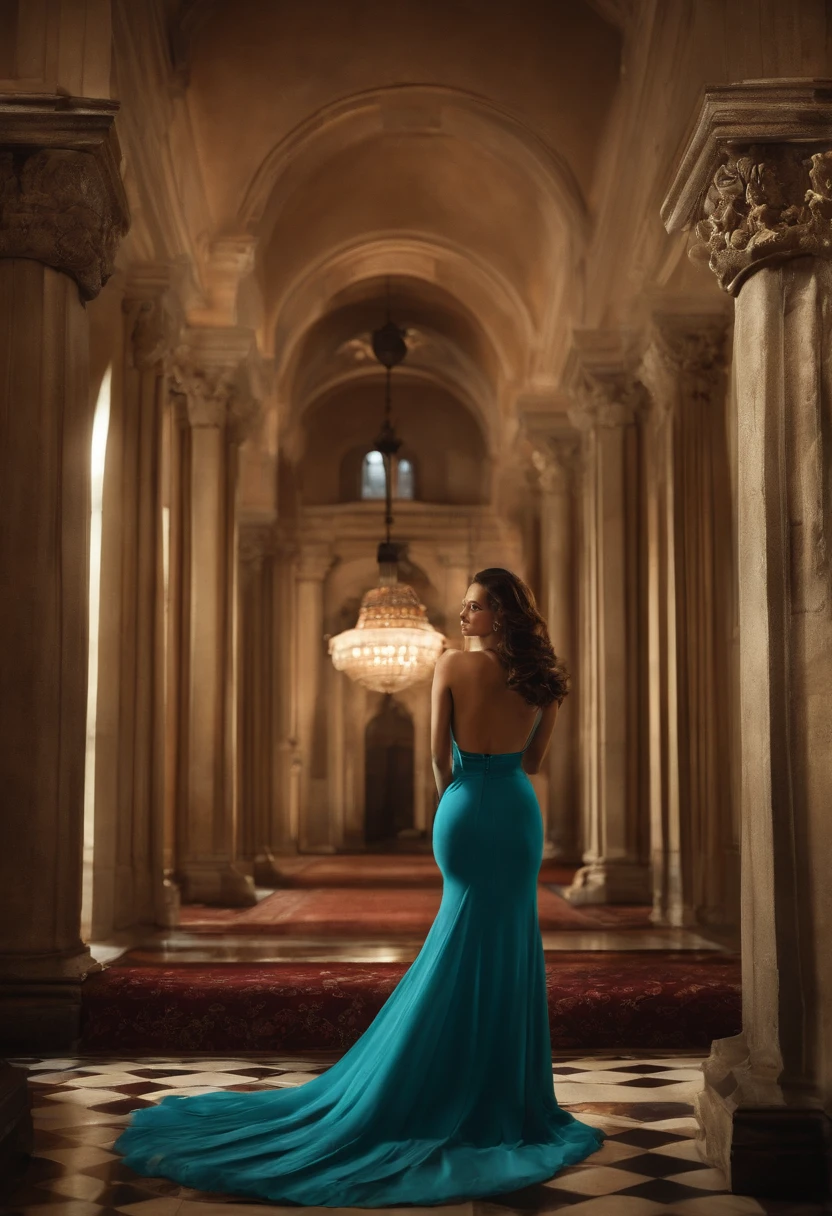  woman bending down fully in a full-length knit dress, rear view angle 