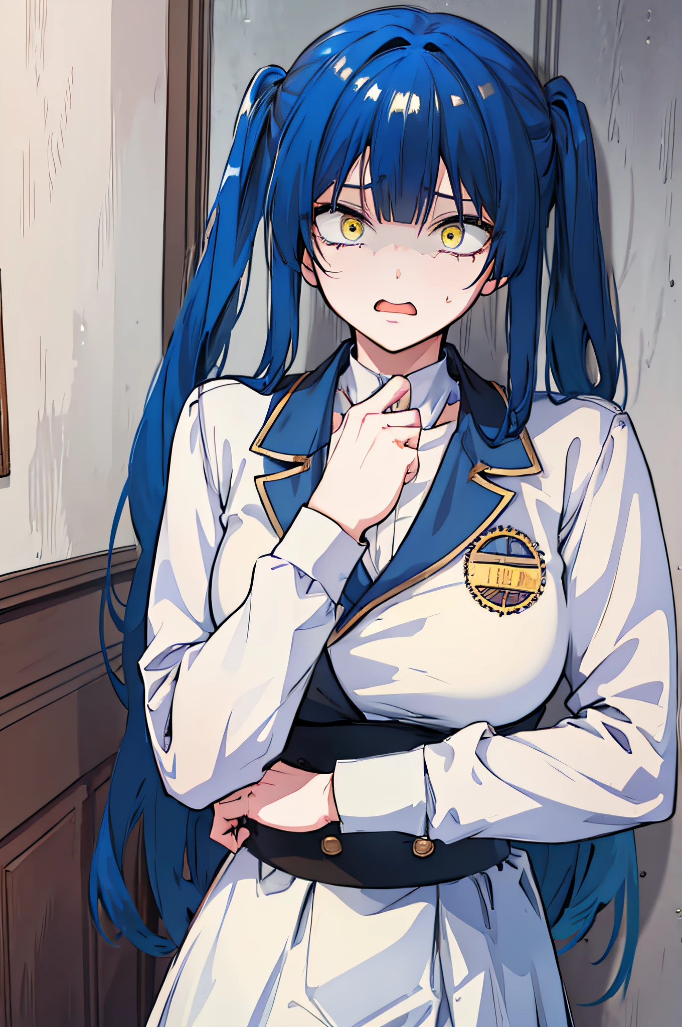 1girlballgag,scared expression open mouth ,blue hair, yellow eyes, twintails