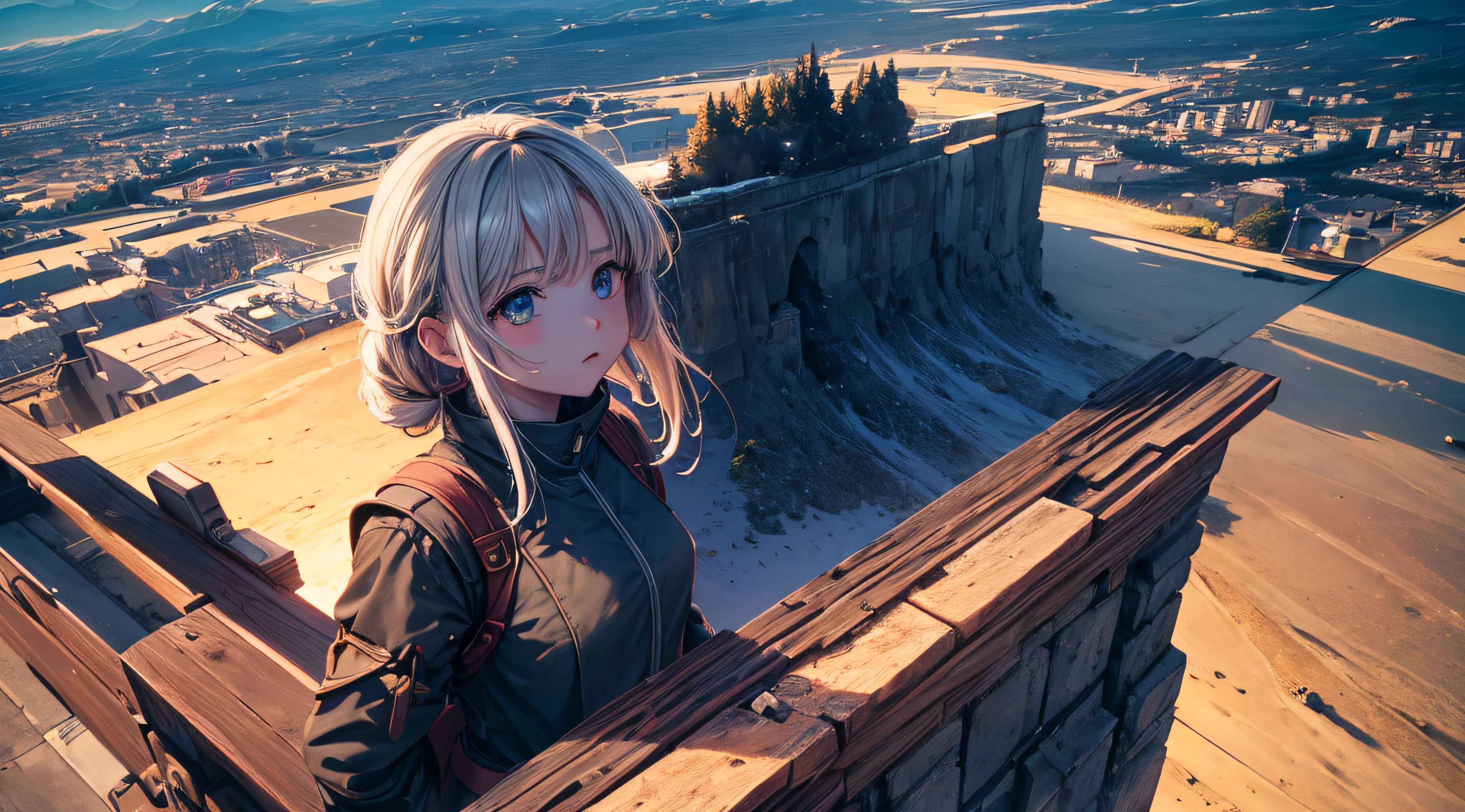 ((master part)), (((best quality))), ((ultra-detalhado)), (Amazing:1.1),menina de anime triste olhando para o horizonte, Foto premiada, BLN-L24, exposure,Alto contraste,low saturation,high saturation 8k 3D, f 2.8 lentes, Aerial view, Cinematic lighting