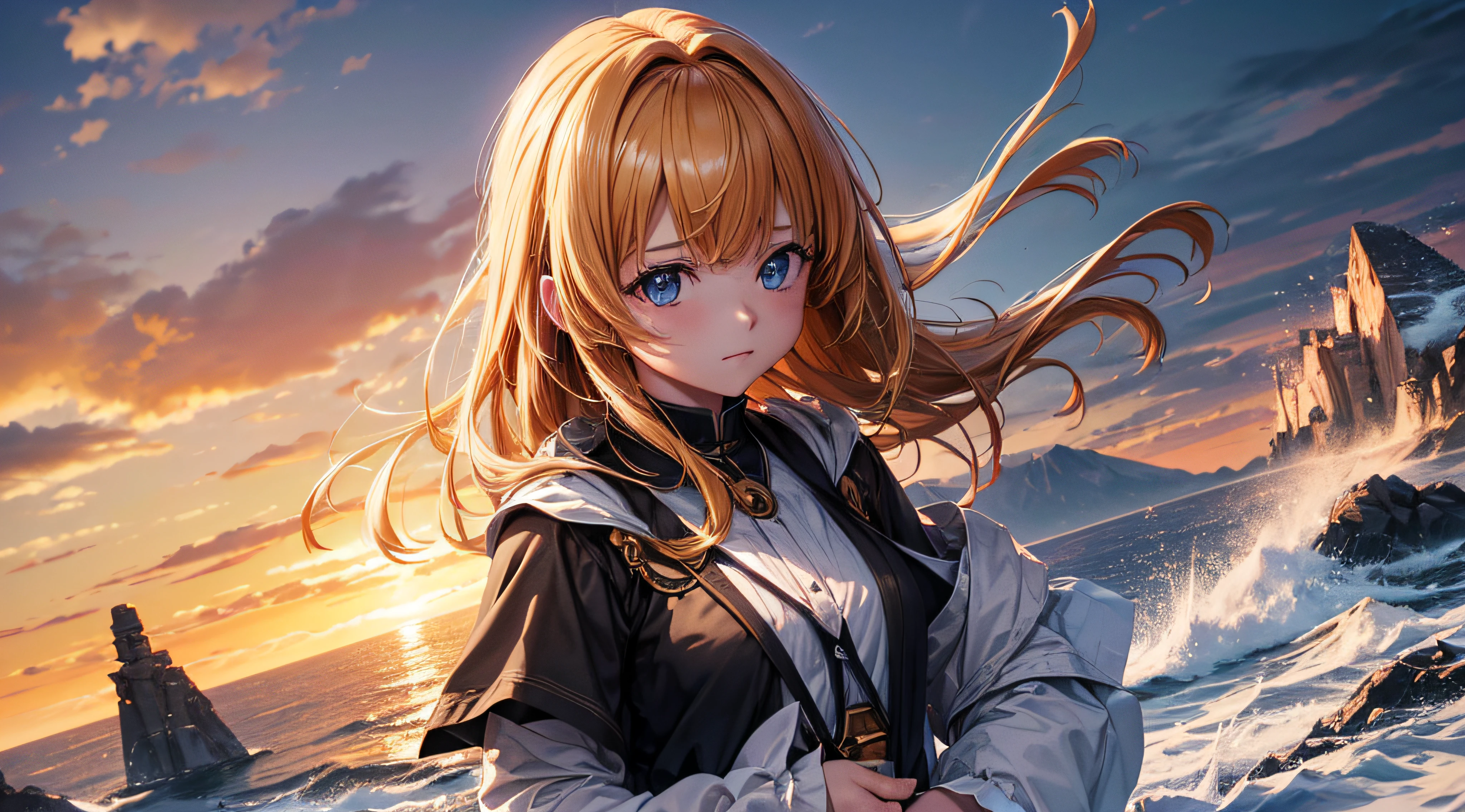 ((master part)), (((best quality))), ((ultra-detalhado)), (Amazing:1.1), de anime triste olhando para o horizonte, Foto premiada, BLN-L24, exposure,Alto contraste,low saturation,high saturation 8k 3D, f 2.8 lentes, Aerial view, Cinematic lighting