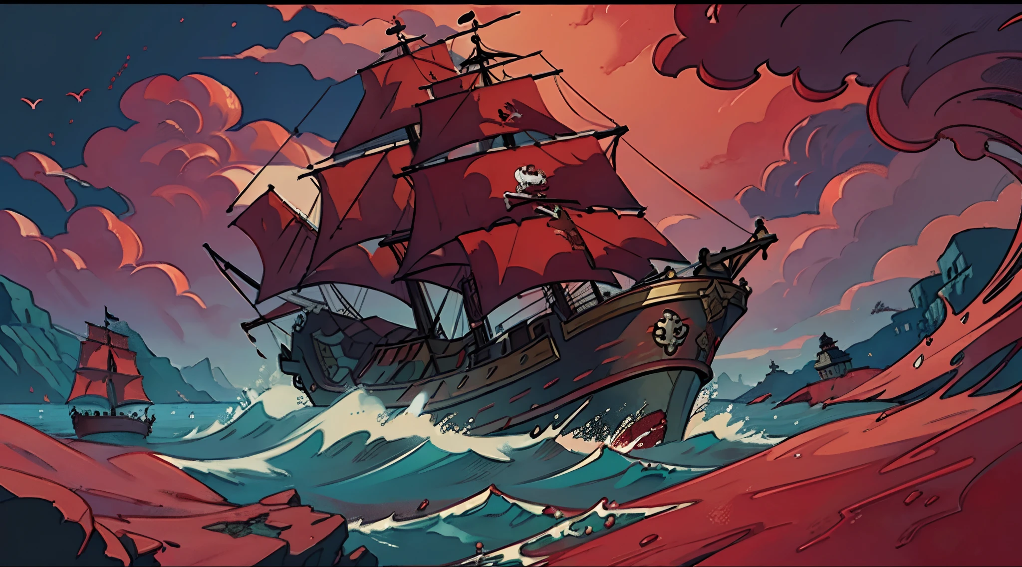 masterpiece, blood sea, reddish sea, reddish water, blood on water, islands, pirate islands, red water, red water, red water, red sea, red sea, red water colour, red sea colour, city of sea, sea realm, pirate city, pirate realm, realm of the sea, highly detailed