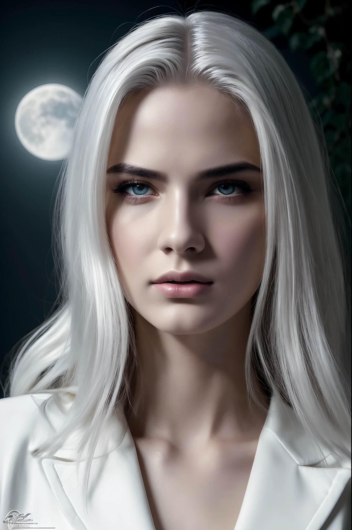 masterpiece, highest quality, (solo focus), (perfect face:1.1), (high detail:1.1), (hyper detailed eyes), dramatic, a guy with pale skin and long voluminous white hair, white eyes, solo, long hair, Sephiroth, moon, night, white luxury suit, covered navel, pouty lips, fur, arrogant expression, Rose Garden, detailed background, art by artgerm, cinematic lighting, roses, fashion, BalenciagaStyle