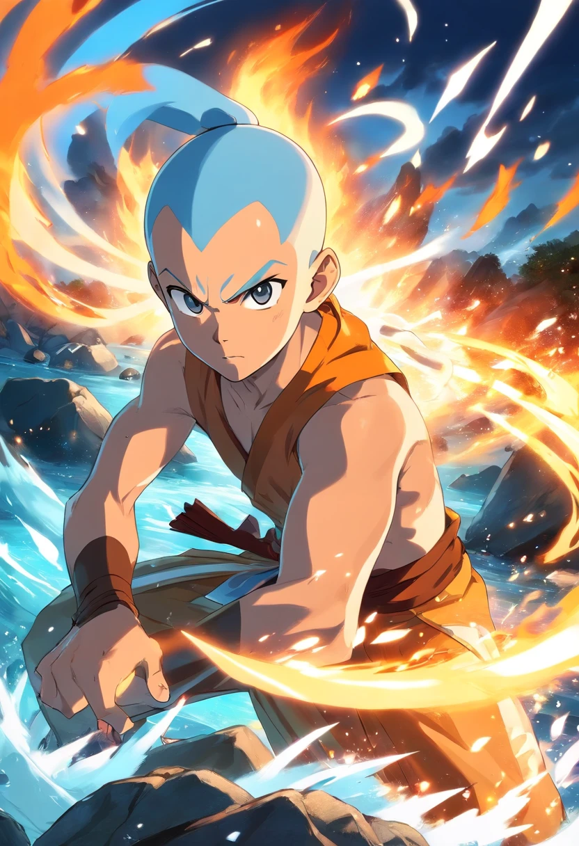 Aang in Avatar state, glowing white eyes, glowing white arrow in the forehead, angry defiant face,rocks, water, fire, air flying around him