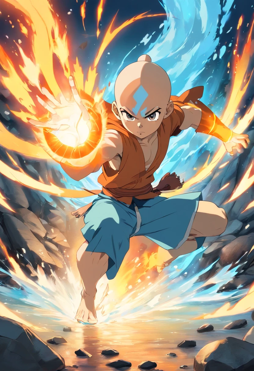 Aang in Avatar state, glowing white eyes, glowing white arrow in the forehead, angry defiant face,rocks, water, fire, air flying around him