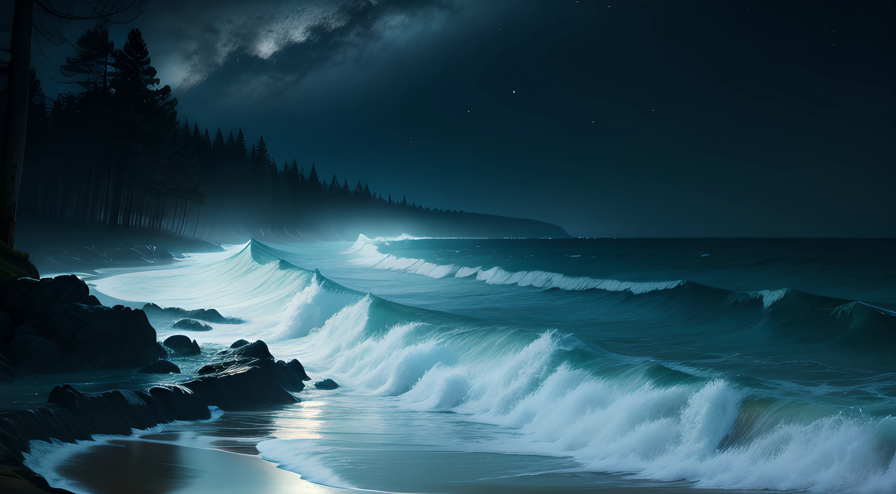 Ocean in the woods. Night time.