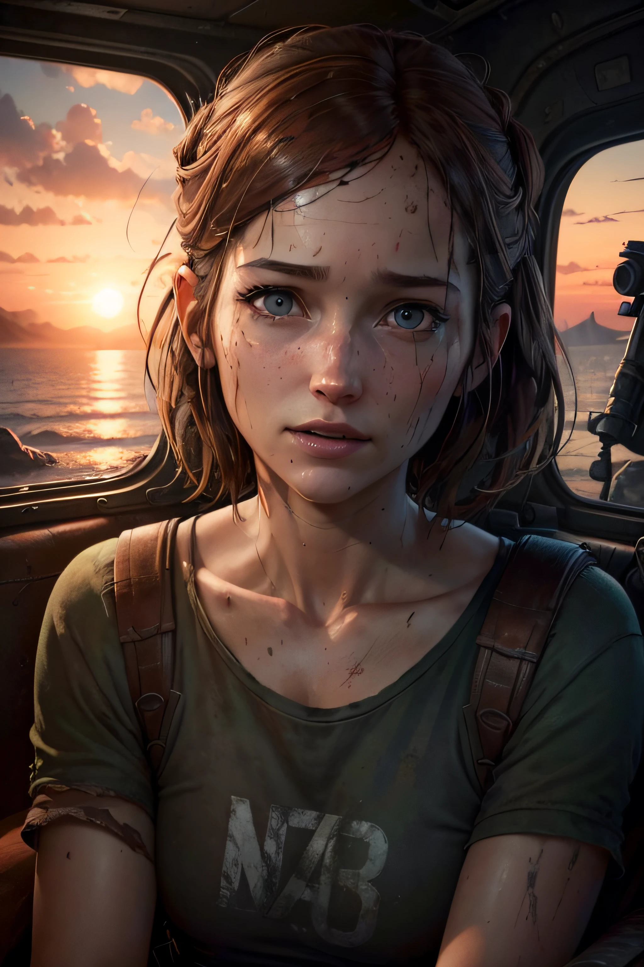 hyper photorealistic, sweet woman,(33 years), (face of Ellie from "Last of us"), (extremely sexy),meditation in lotus, Masterpiece, pleasure, expression enjoyment, apocalyptic environment, spot lighting, Sunset, detailed hair, little smile, fine facial traits, Slim physique, Volumetrics DTX, (Film grain)