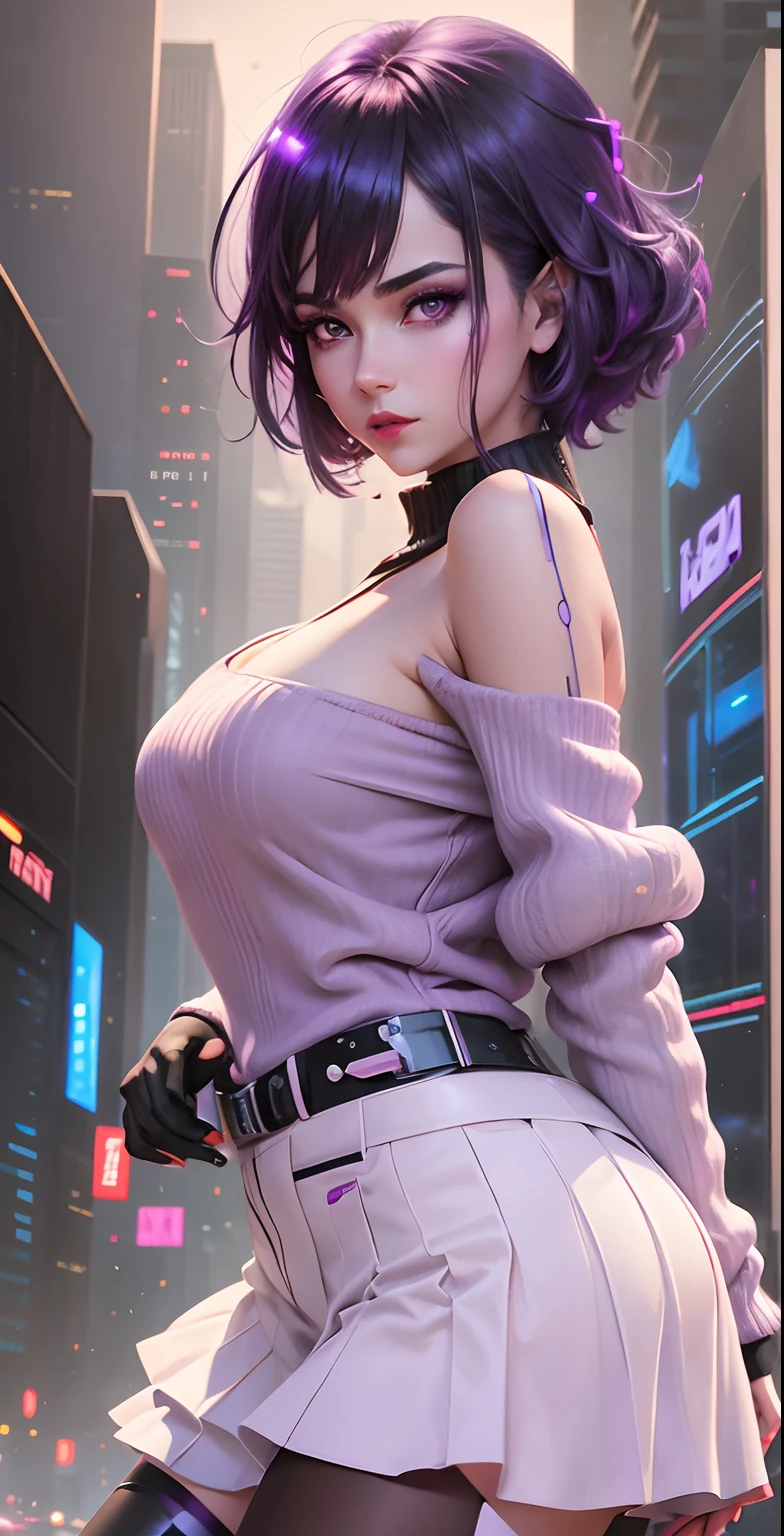 A girl with purple eyes, black&purple hair, red lip, wearing purple sweater, LED light on skirt, beautiful girl, Futuristic theme, futuristic city background, Cyberpunk, LED light effect, Future age, amazing, masterpiece, realistic, 8k resolution, best quality, RAW photo