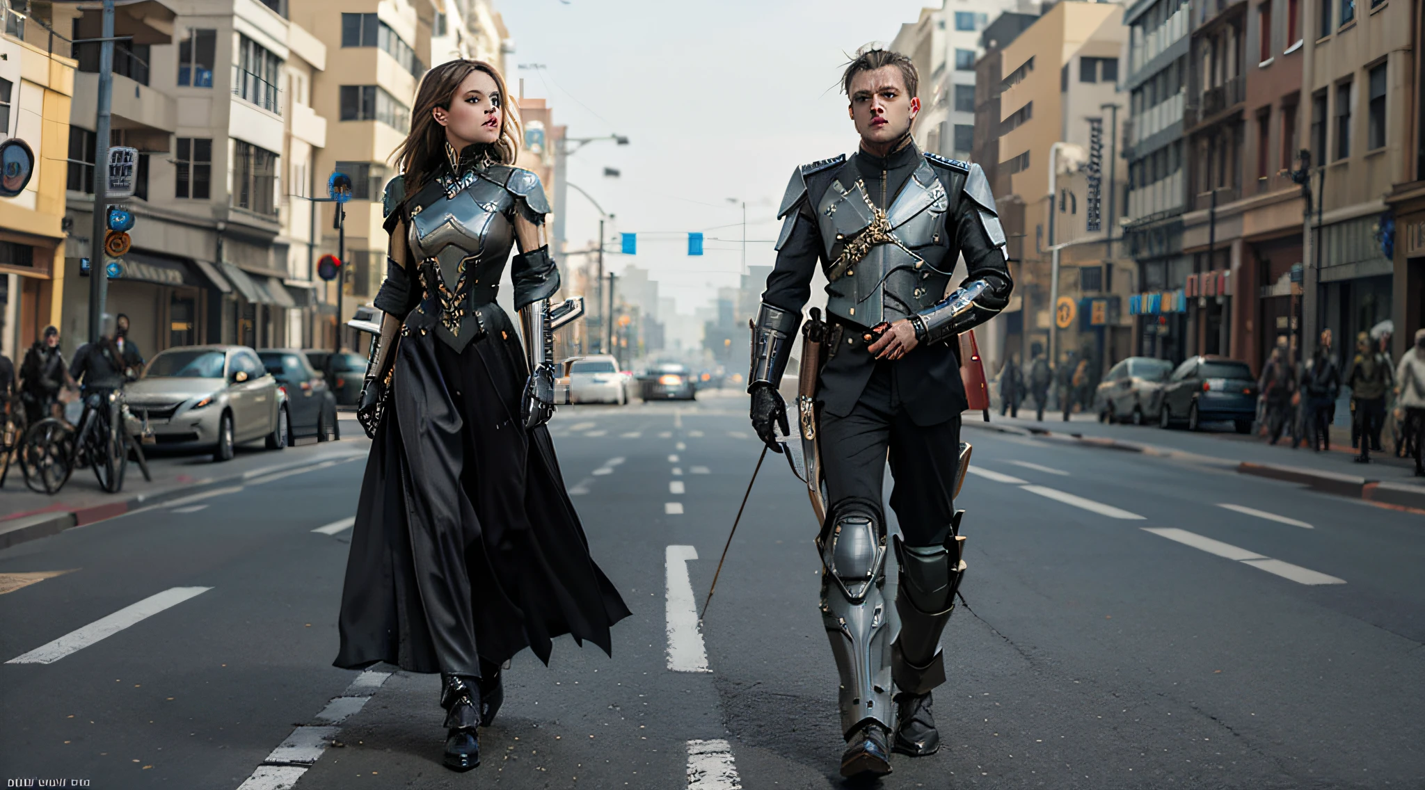 There are many robots walking down the street in this photo, eve ventrue, filme ainda do filme, Smogpunk, army of robots, trending on 500px, inspirado em Mirabello Cavalori, motocicleta steampunk, Trend in Artstattion, Directed by: Ryan Barger, Captura widescreen, inspired by Tadeusz Pruszkówski