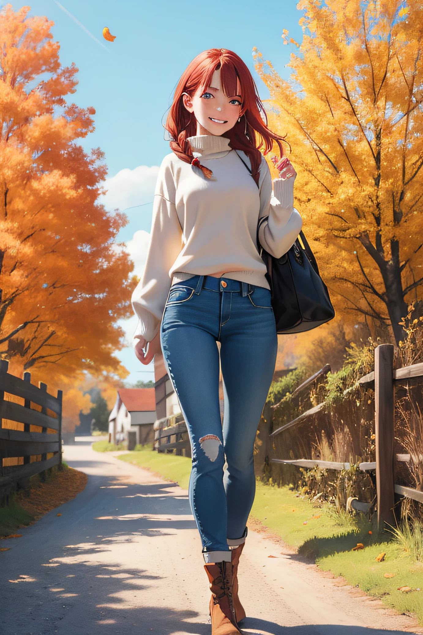 hires photograph, 1 girl, ((small breasts)), red hair, braided hair, green eyes, freckles, big grin, realistic body, detailed body, detailed hair, smooth skin, photorealistic, hires, best quality, the girls is wearing a white, winter sweater, blue jeans, black boots, red purse, ((she is walking down a country lane)), countryside, beautiful scenery, country village, fields, hills, autumn day, sunny day, the leaves on the trees are turning red