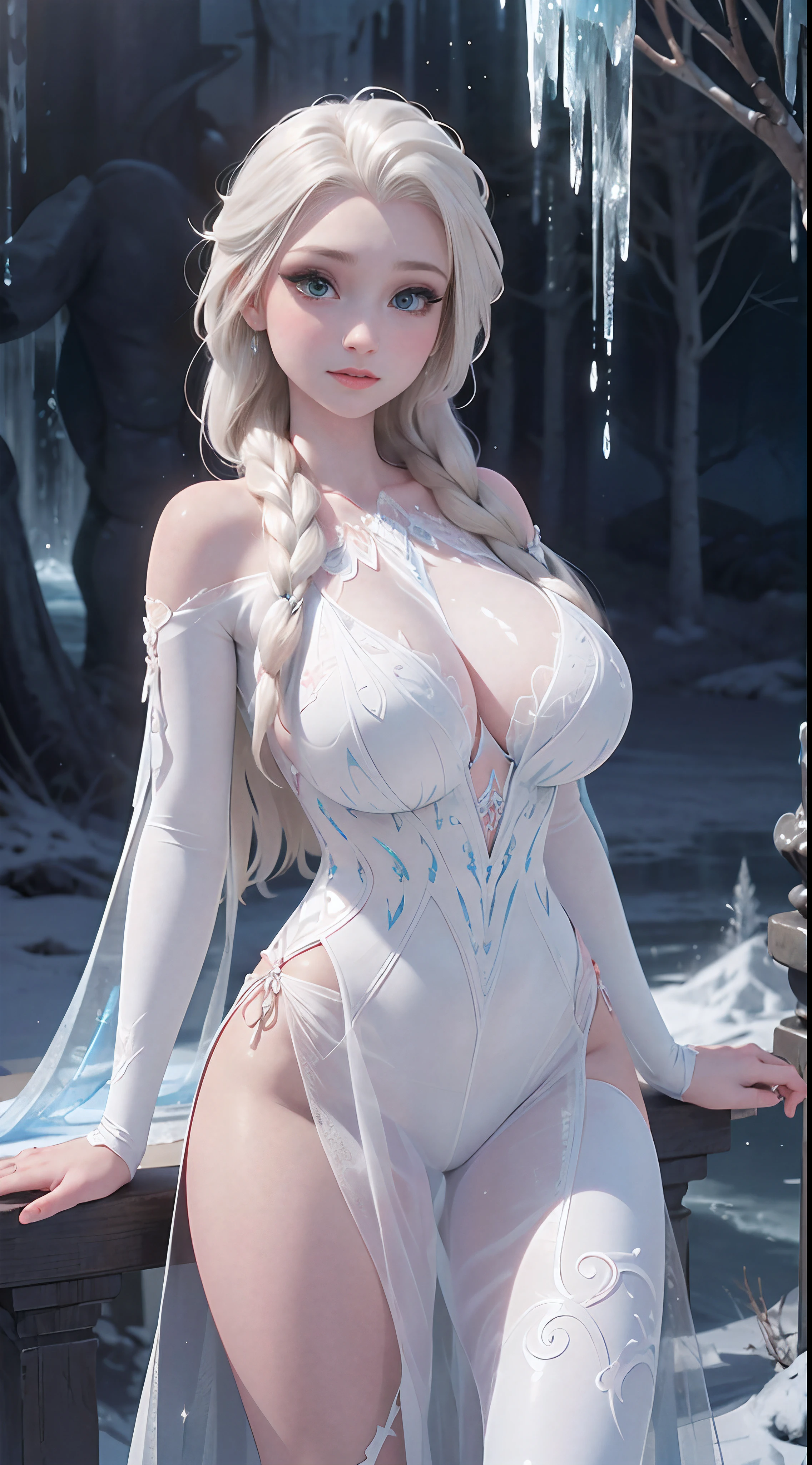 (best quality, masterpiece, colorful, dynamic angle, highest detailed) upper body photo, (elsa from frozen), fashion photography of cute white long hair girl (Stunning mature woman), ((massive gigantic breasts)), dressing high detailed Frozen white suit (high resolution textures), in dynamic pose, bokeh, (intricate details, hyperdetailed:1.15), detailed, sunlight passing through hair, epic ice storm background, (official art, extreme detailed, highest detailed),