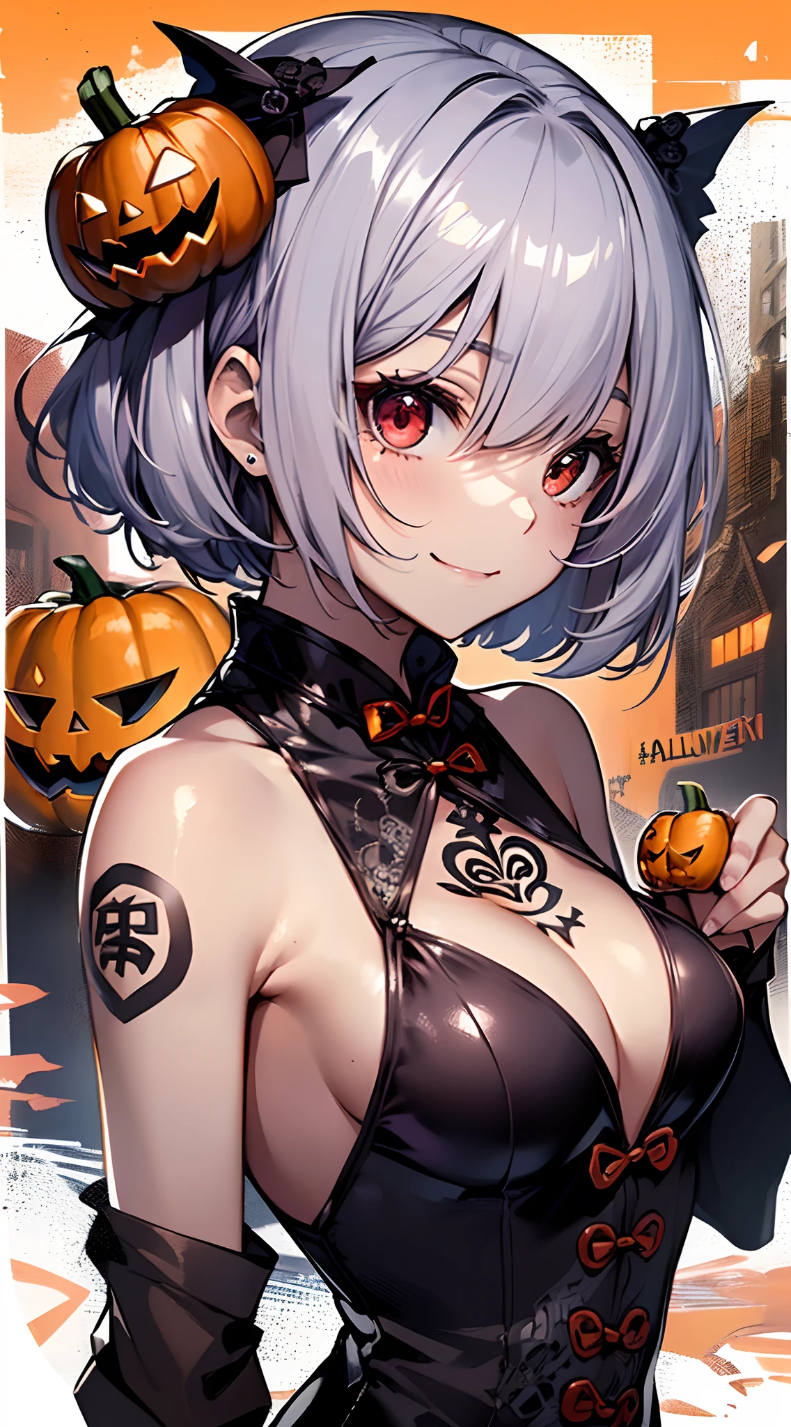 top-quality、Top image quality、in 8K,4K,masterpiece、(NSFW:1.1)、ultra-detailliert、Beautiful、ultra-quality、adult-like、Cool、girl with(((18year old、Halloween Costumes、Cheongsam 1:6、Have a jack-o'-lantern、Bust 78、silber hair、a short bob、Red Eyes、erotick:1.4、Happiness、The tattoo)))、hiquality、visualart、Background with((Halloween 1.5))、masutepiece