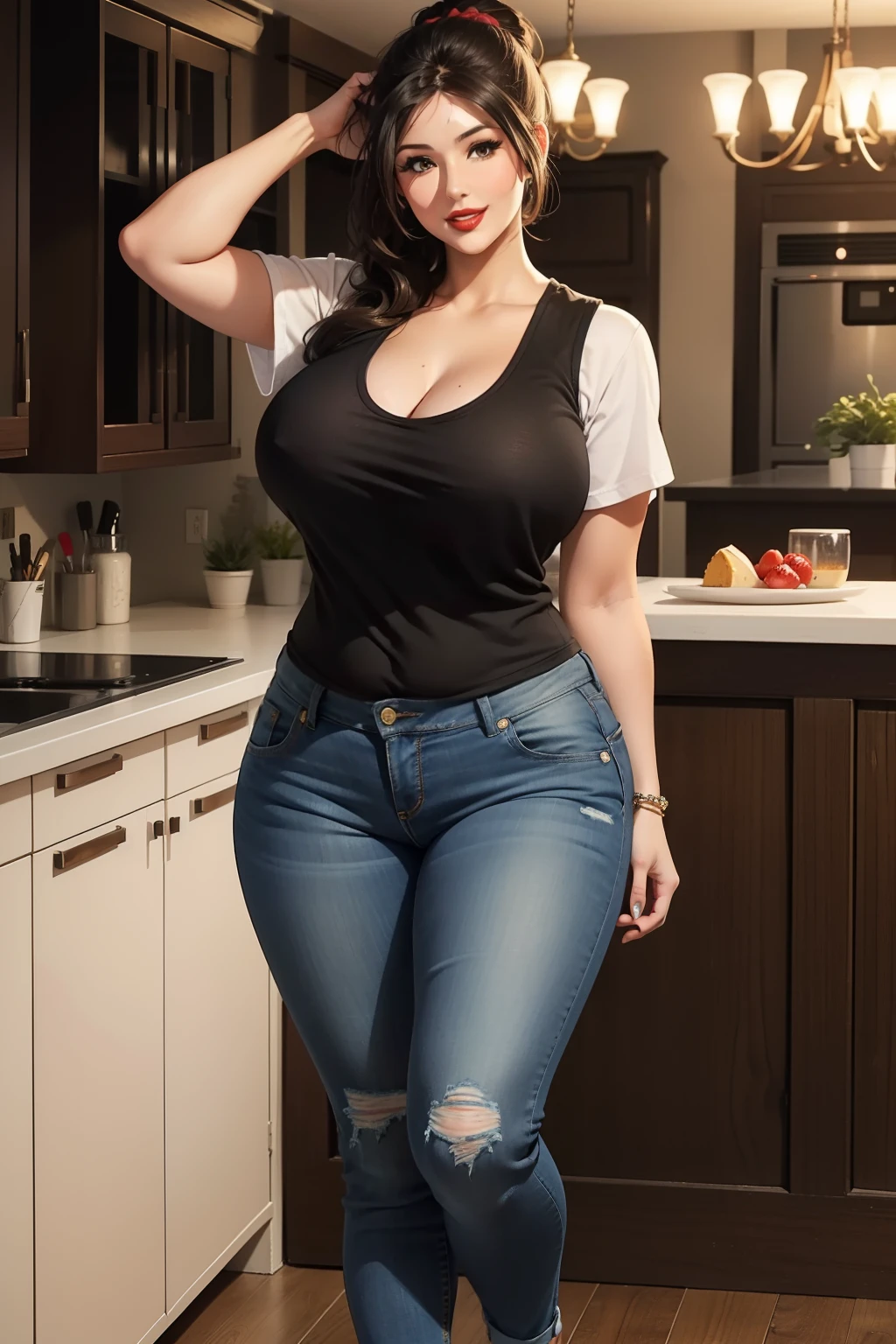 A  full body view of Lucy Pinder, red lips, smiling, voluptuous, chubby woman, straight hair, black hair, hair tied in a chignon, cream t-shirt, jean vest, jeans.