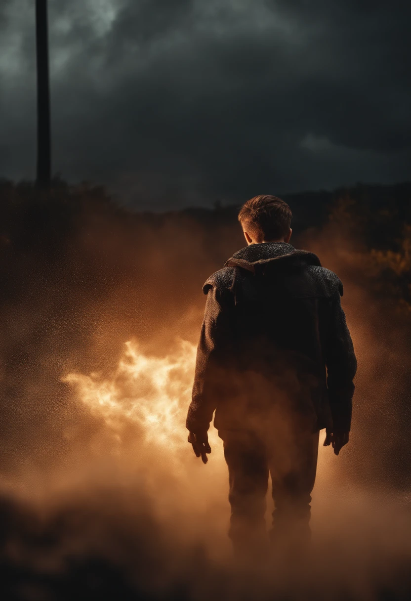 a boy , backgrounds like hell, chain effects, angry, 3d, 8k, realistic and details, storm effective