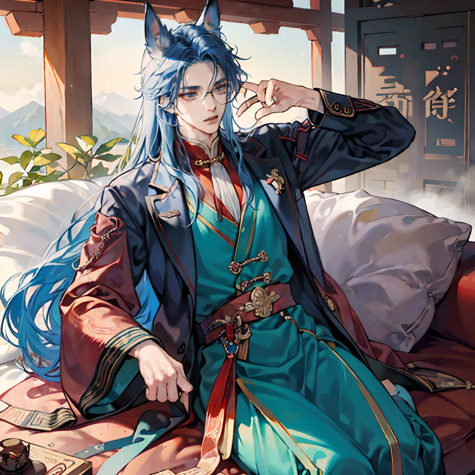 tmasterpiece,Need,A man,China-style,Chinese Ancient Times,Blue hair,dishiveredhair,long whitr hair,with long bangs,Handsome,virile,gentleness,large tall,A tranquil,Red robe,exteriors,cloaks,High hills,nevando, Young men,Quaint,tmasterpiece,Need,Leprechaun,red fox,Animal ears,Handsome guy,Silver,Long hair,Hair is scattered,Dark Hanfu,There are glasses on the face,Cool handsome