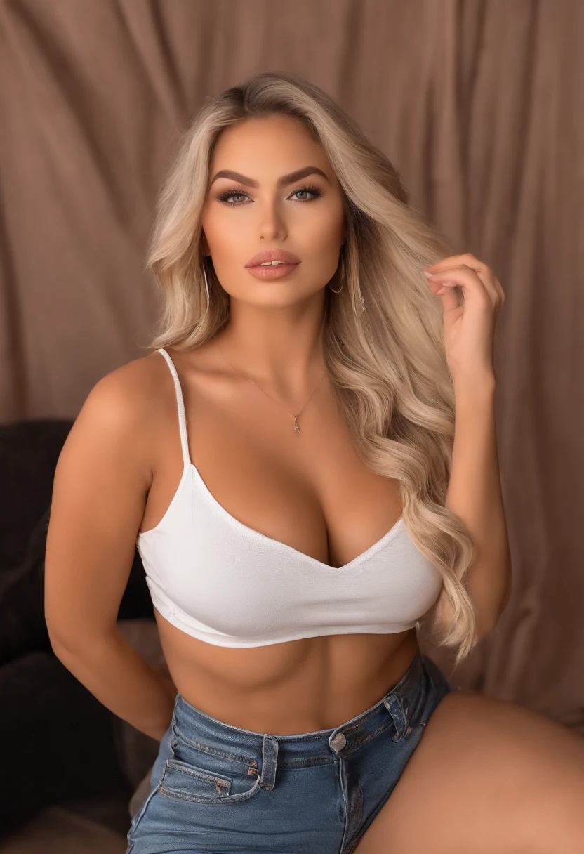 arafed woman, sexy girl, mole on top left breast, mole on bottom right lip, blonde goddess, instagram model, daisy dukes, thicc, beautiful body and face, curvy model, beautiful blonde girl, massive breasts, d cup, perfect body and symmetrical perfect face, beautiful model girl, blonde girl, gorgeous woman, perfect body, 24 year old female model, realistic, non ai looking, real looking, eyes looking directly at camera, head slightly slanted, mouth open sexy, profile picture, head to breast image.