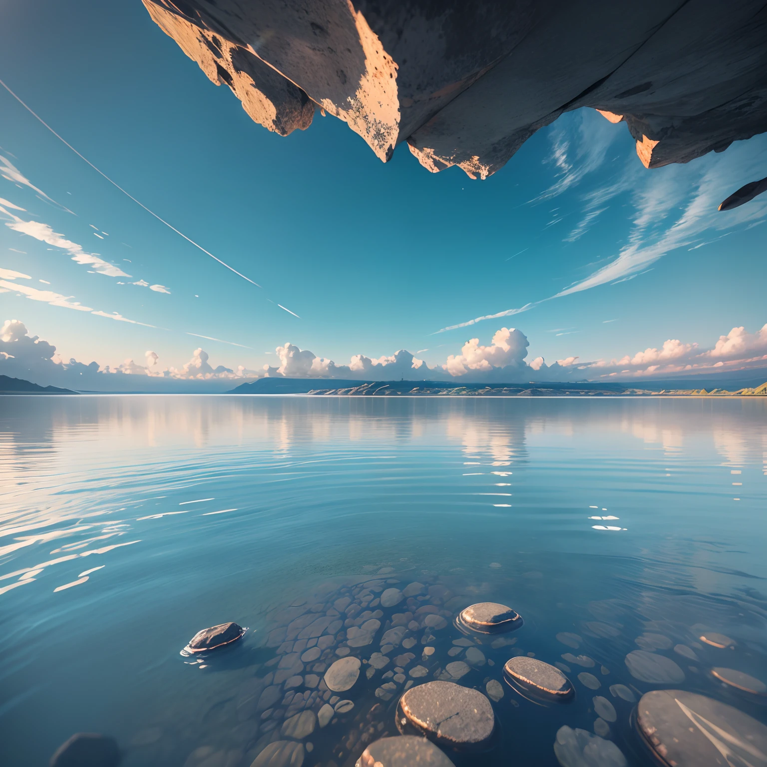 no humans, scenery, vanishing point, from below, masterpiece, best quality, 8k, absurdres, water surface, summer, noon, sunlight, blue sky, perspective, depth of field, highres, finely detail, ultra-detailed, sharp focus