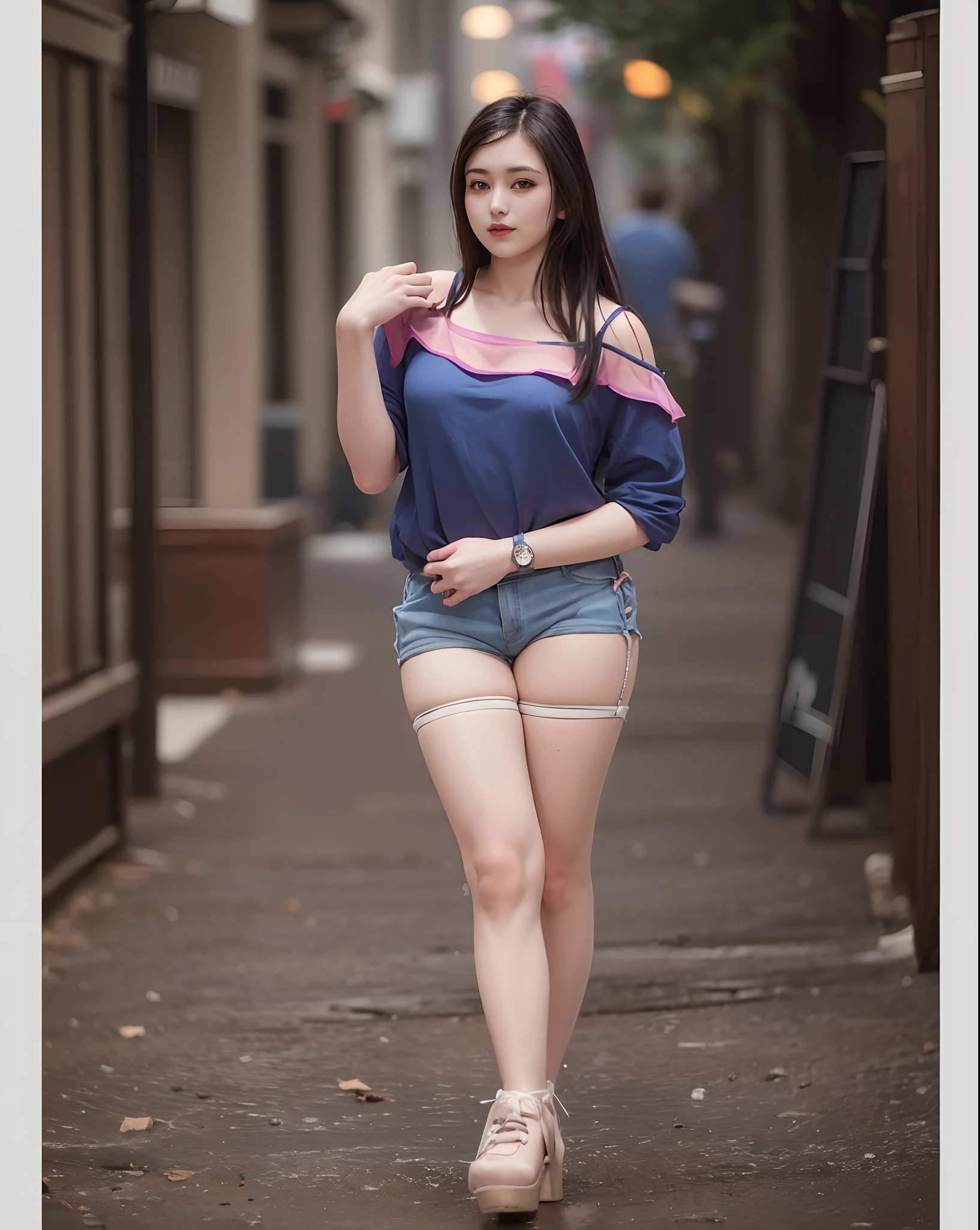 arafed woman in blue top and pink shorts posing for a picture, casual photography, with lovely look, beautiful model girl, beautiful girl model, handsome girl, attractive girl, dressed in a top and shorts, fashion model, dark blue and red, pretty girl, casual pose, attractive pose, cute beautiful, taken with canon eos 5 d mark iv, canon 135 f2