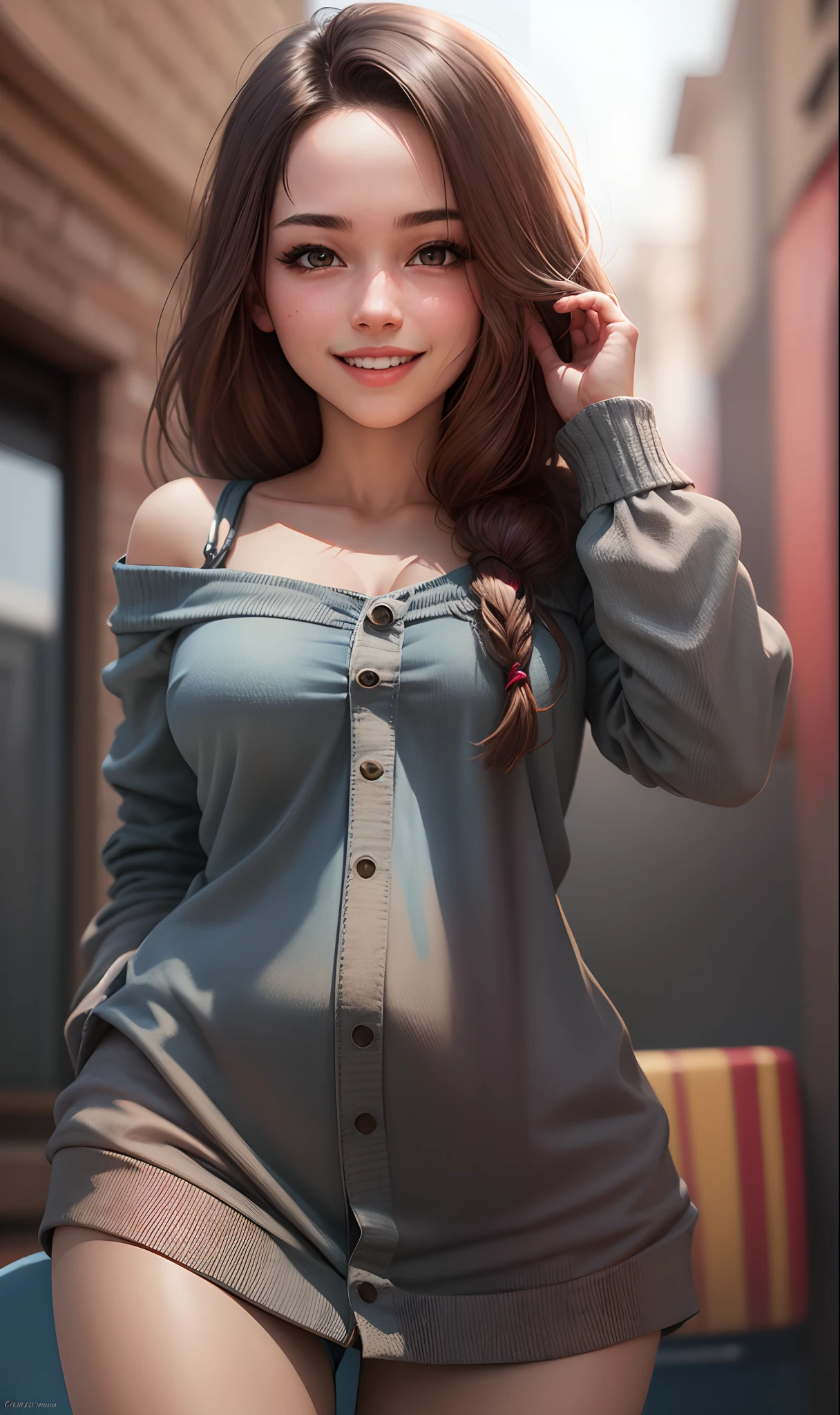best quality, masterpiece, ultra high res, photorealistic, 1girl, offshoulder, smile