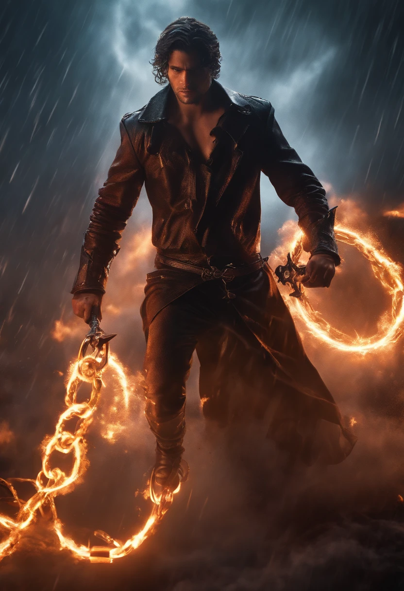 Young guy , Infernal Backgrounds, Chain Effects, angry, ..3d, 8K, realistic and detailed, Storm Efficiency