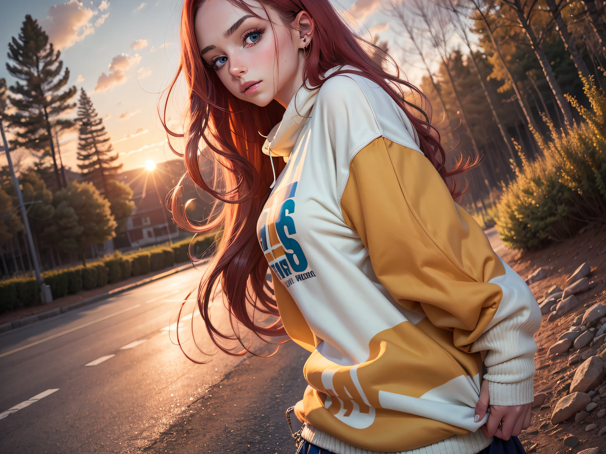 1girl, fair skin, long red hair, blue eyes, wears a sweatshirt, sweatpants, sunset, absurd, high resolution, ultra-clear, 8K, masterpiece, looking at viewer