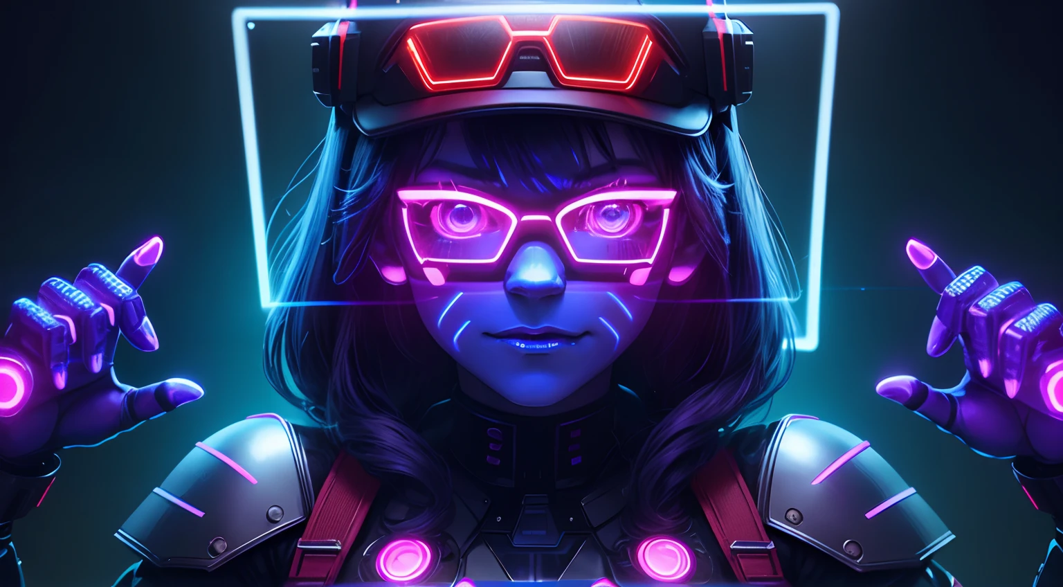 FNAF, Cinco noites no Freddy's, Freddy Fazbear with a cybernetic armor that glows in shades of blue and red. Her face has augmented reality mask features with luminous lines and a holographic lens that shines in her eyes! Estilo cyberpunk invocando hologramas