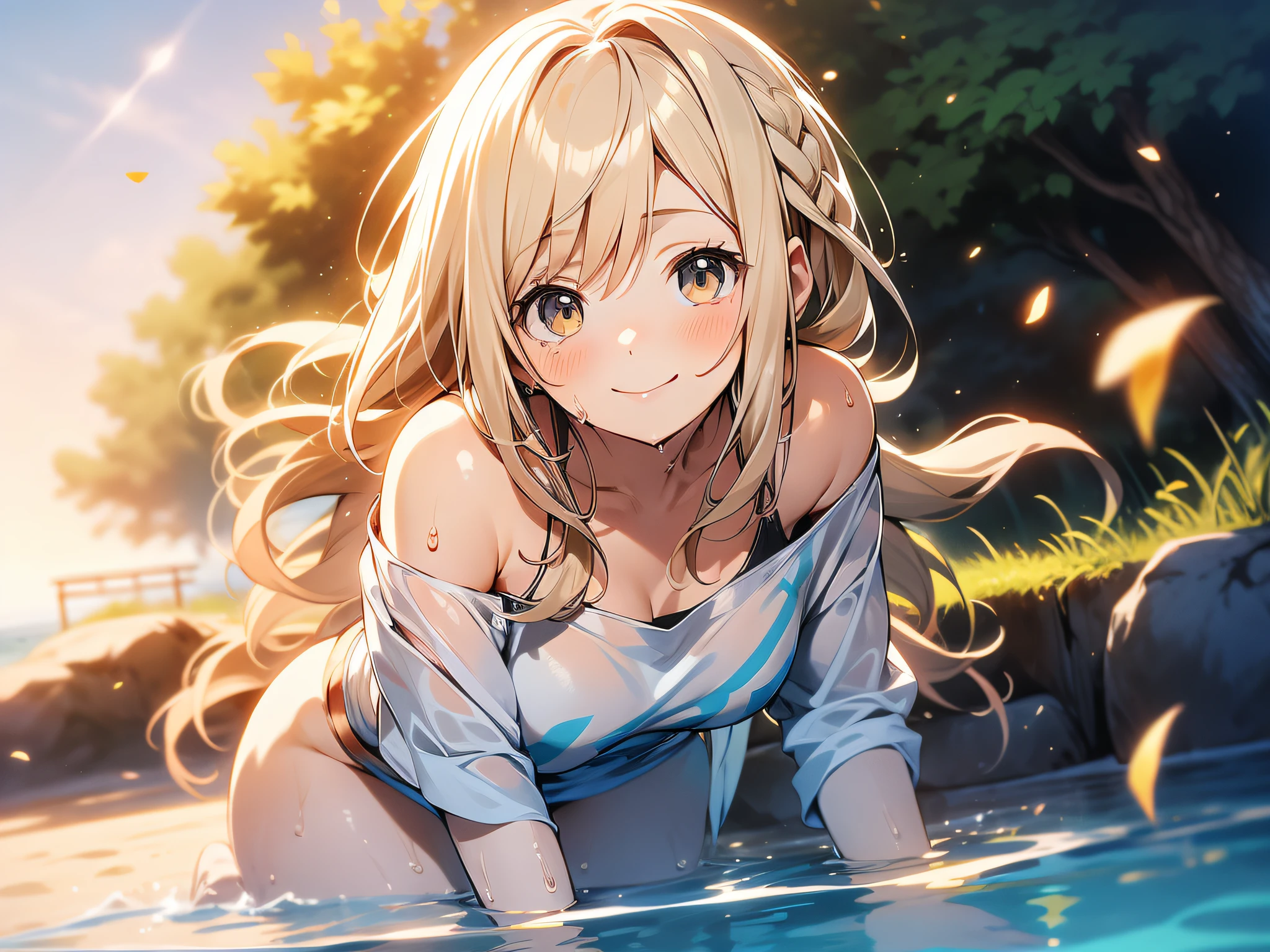 in 8K、top-quality、​masterpiece、ultra-detailliert、Ultra-high resolution、Anime style、((1 persons))、girl with、a blond、Braided hair、White sandy beach、fall、Wet white t-shirt、bare shoulders​、wetting hair、wetted skin、water dripping、pov from down、Red face、A smile、lensflare