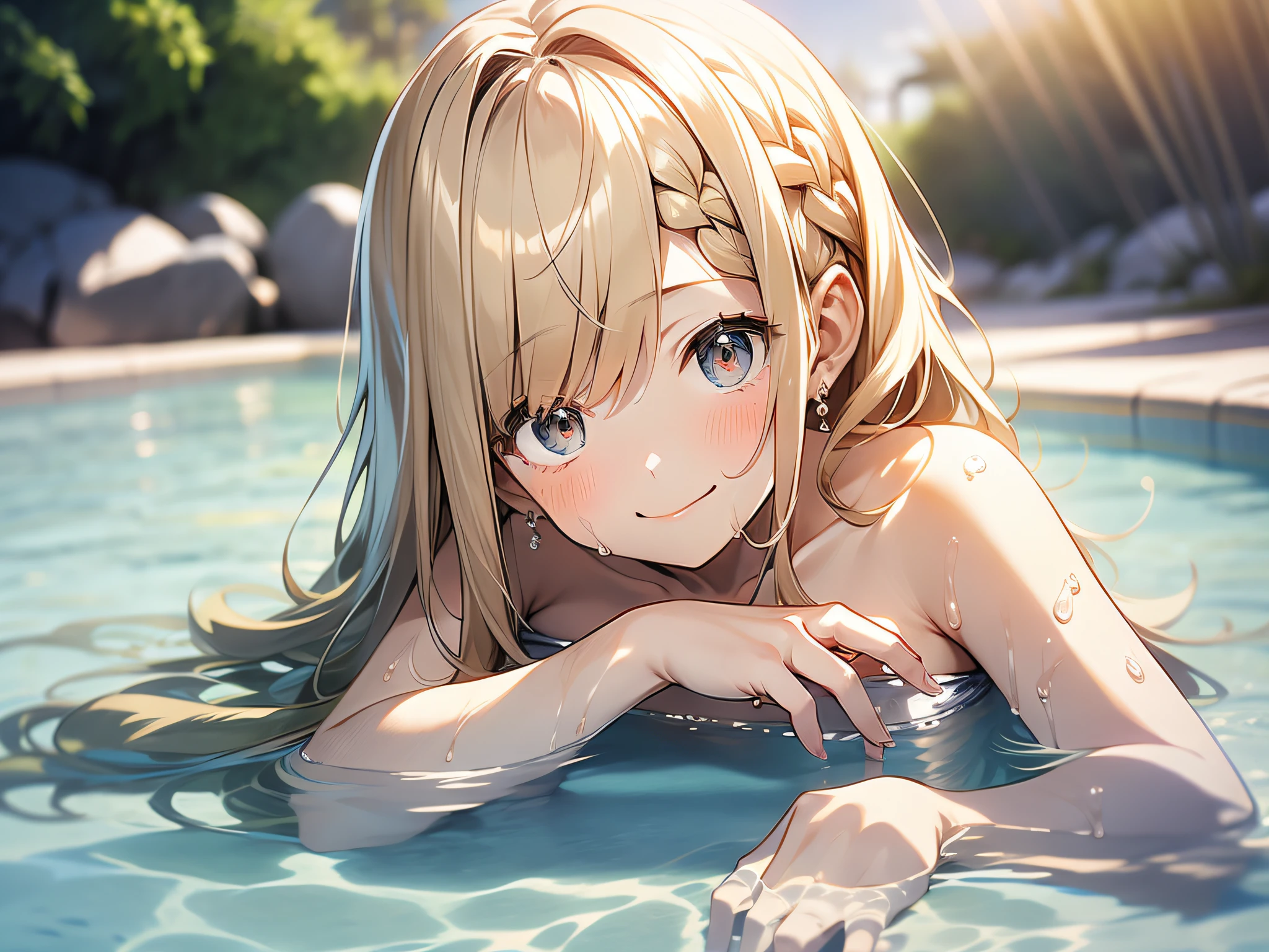 in 8K、top-quality、​masterpiece、ultra-detailliert、Ultra-high resolution、Anime style、((1 persons))、girl with、a blond、Braided hair、White sandy beach、fall、Wet white t-shirt、bare shoulders​、wetting hair、wetted skin、water dripping、pov from down、Red face、A smile、lensflare